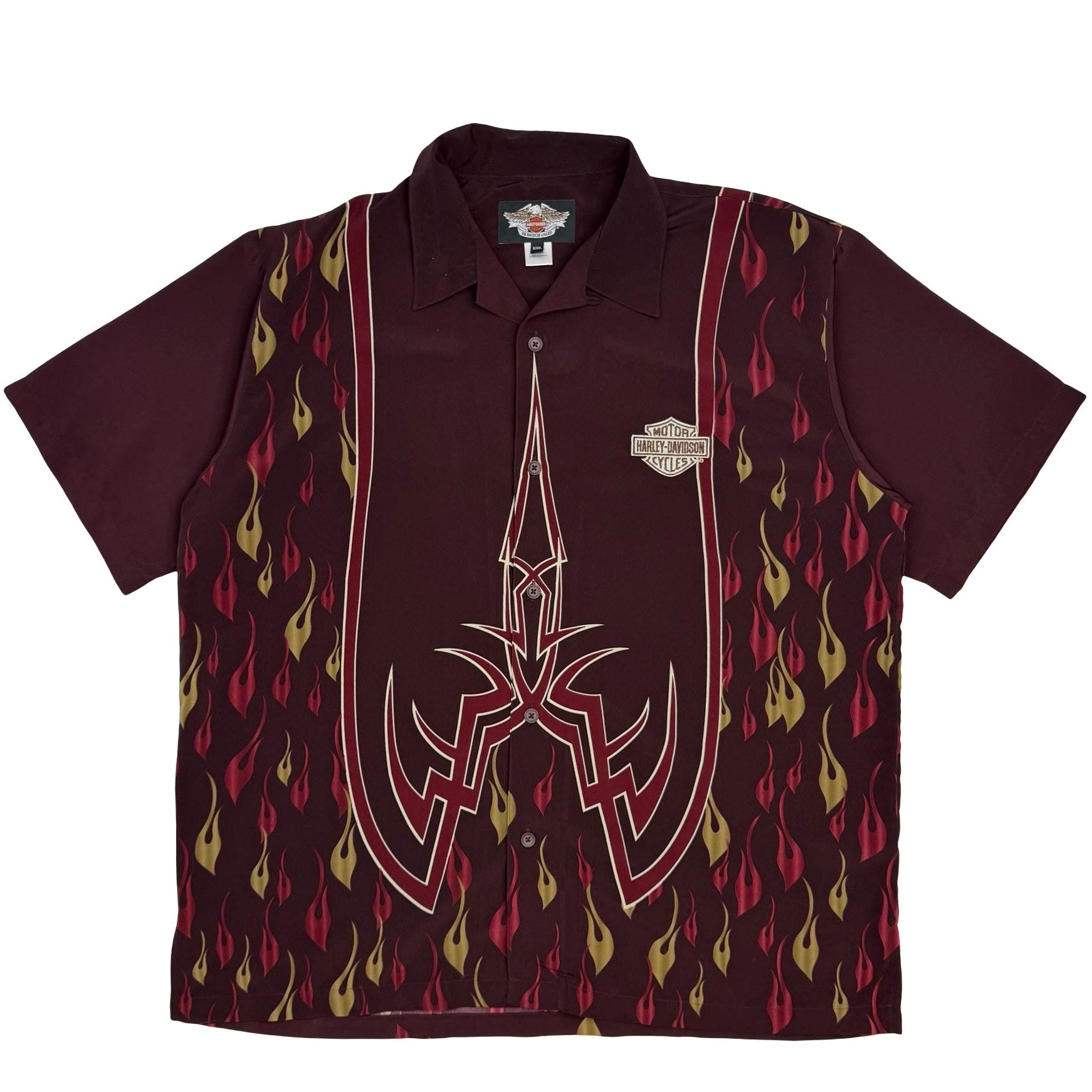 Vintage Harley Davidson Tribal Flame Button Up Shirt Burgundy