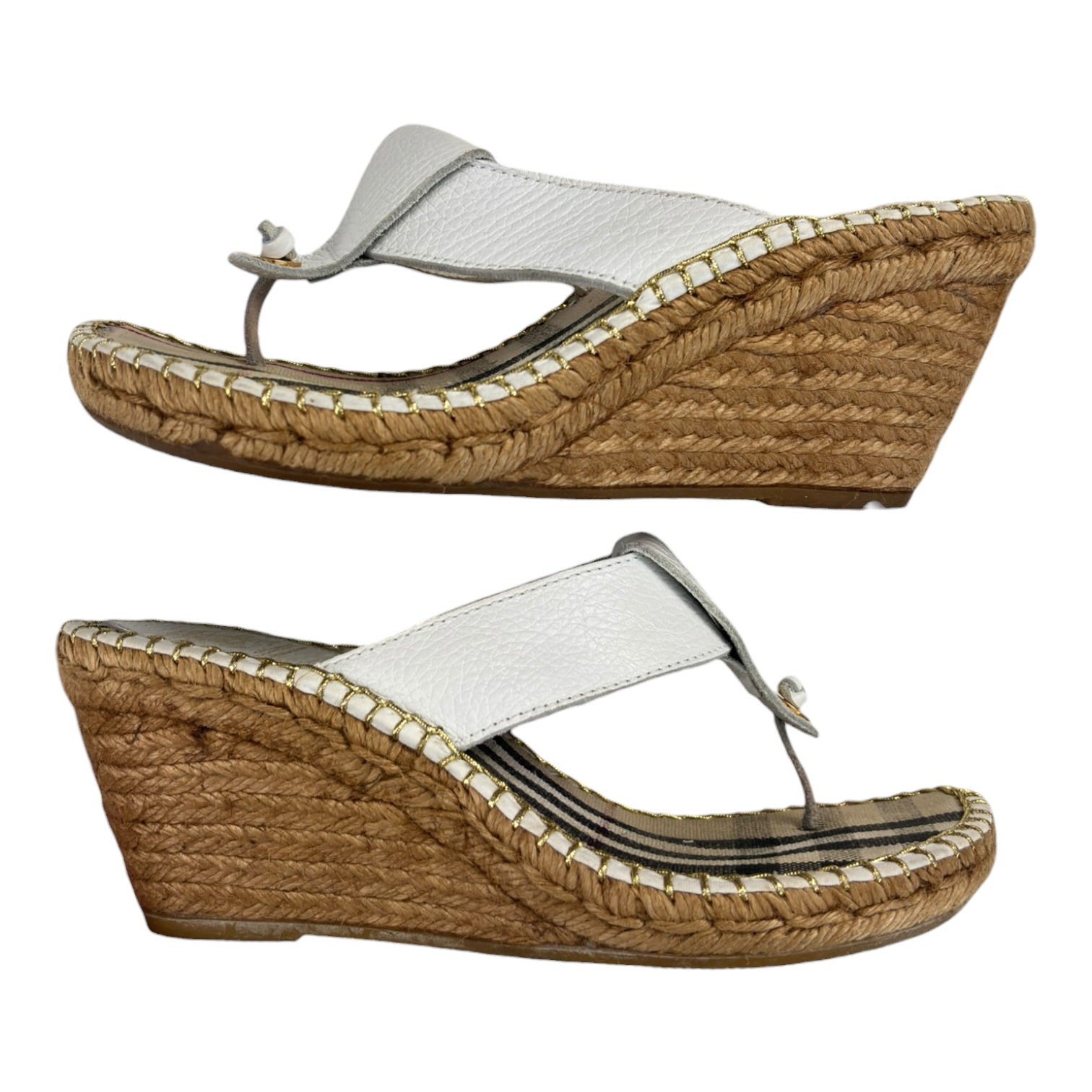 (W) Burberry White Leather Espadrille Thong Wedge