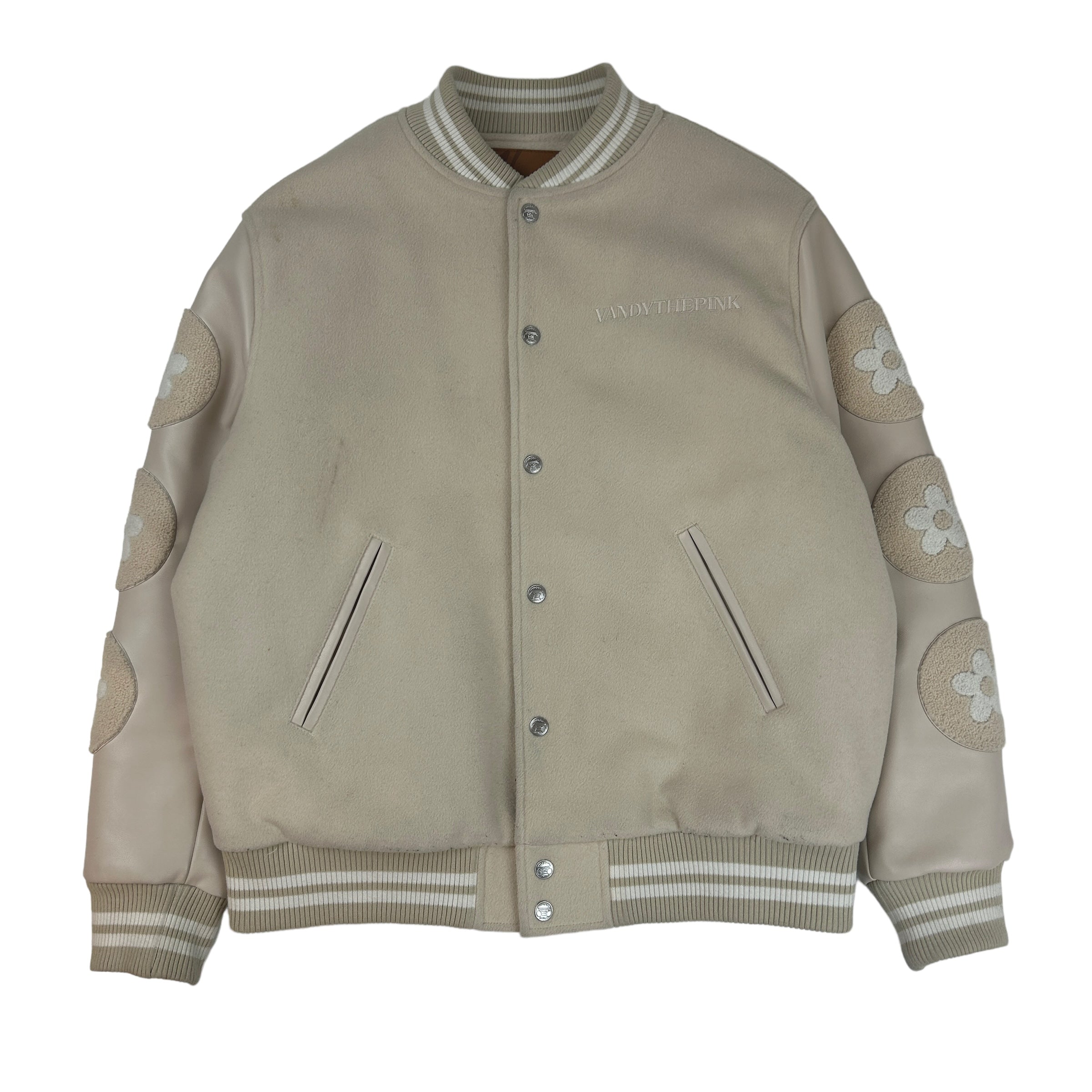 Vandy The Pink Lost and Found Cream Varsity Jacket