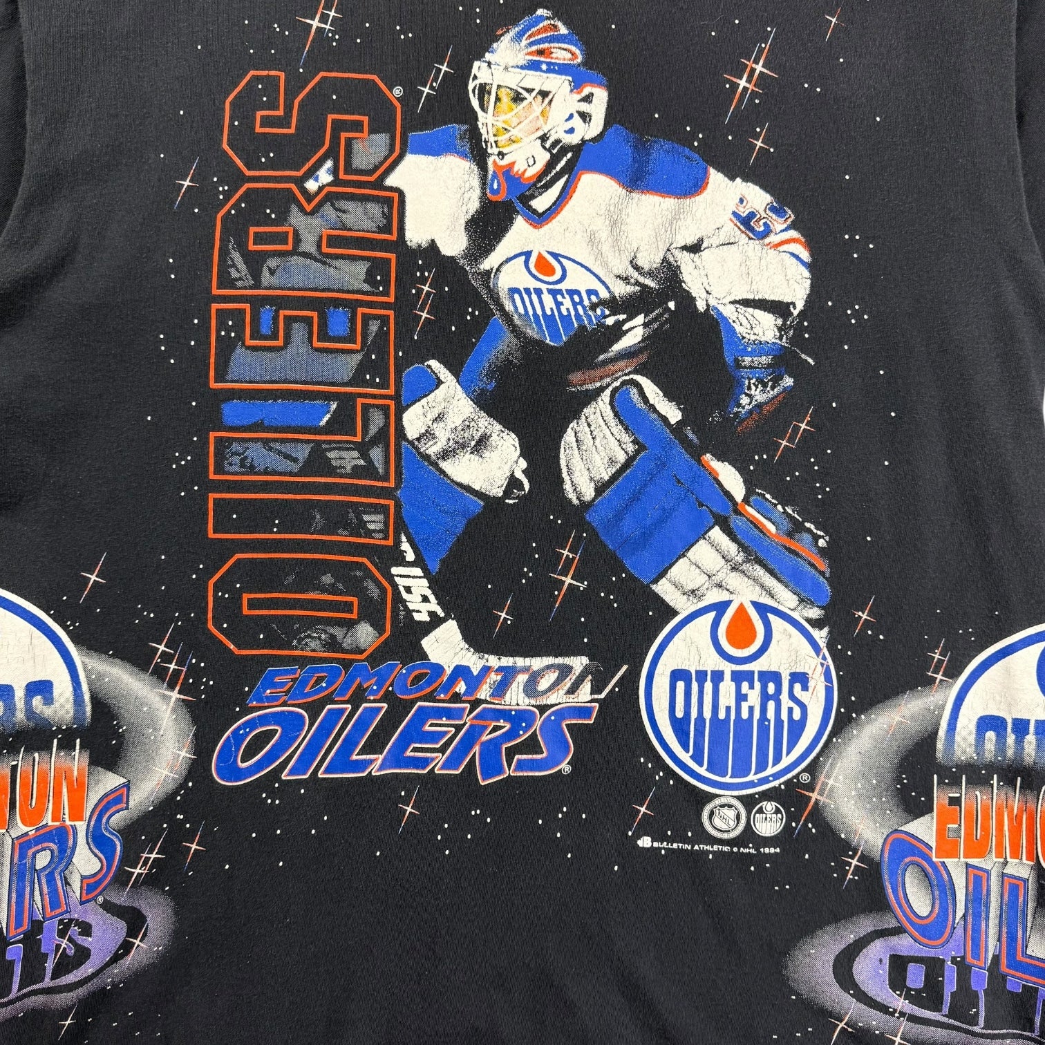 1994 Bulletin Athletics Edmonton Oilers AOP Goalie Tee Black