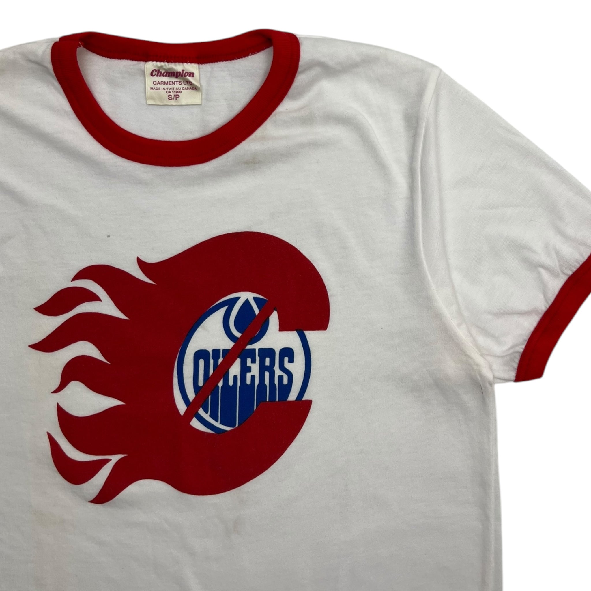 Vintage Calgary Flames Over Oilers Ringer T-Shirt White
