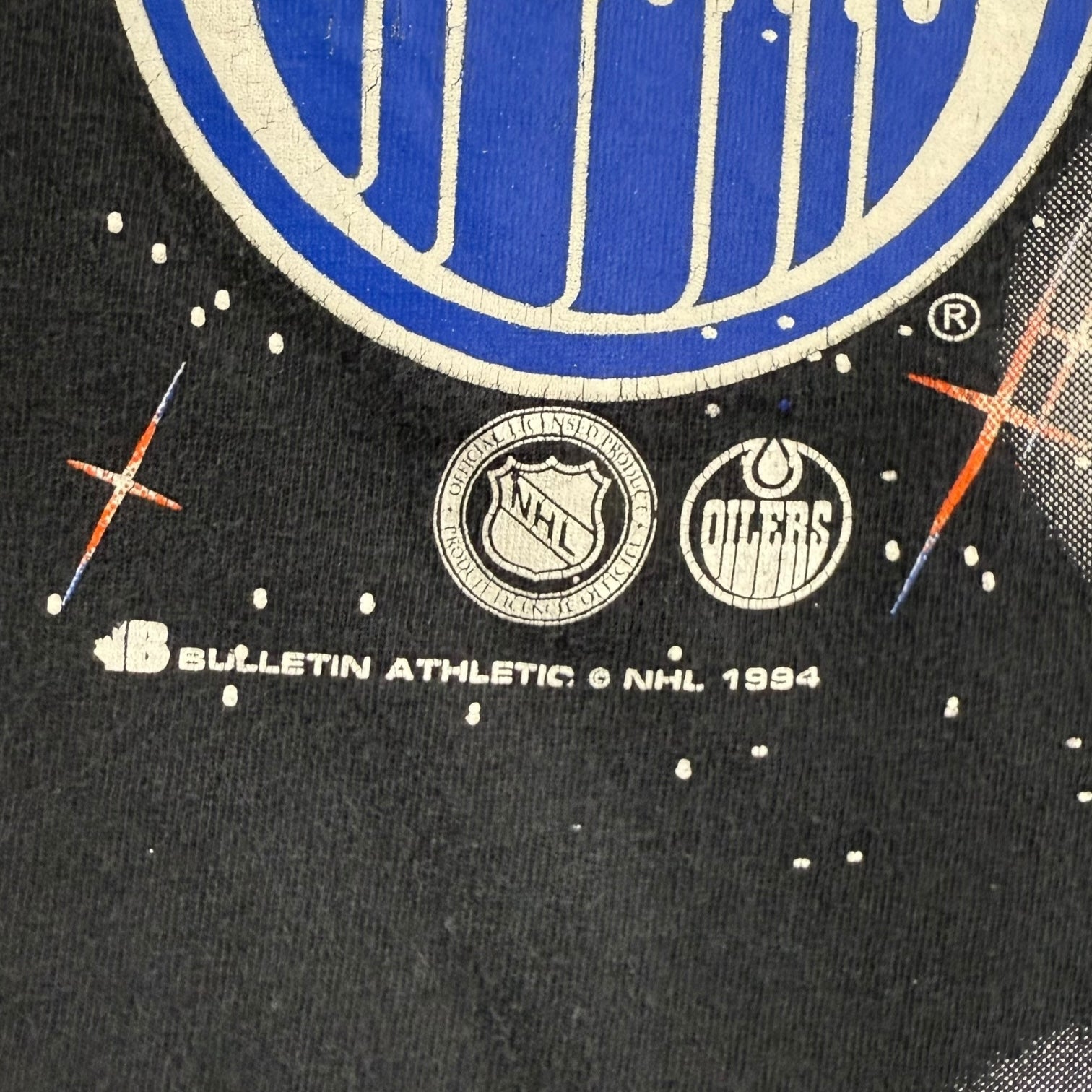 1994 Bulletin Athletics Edmonton Oilers AOP Goalie Tee Black