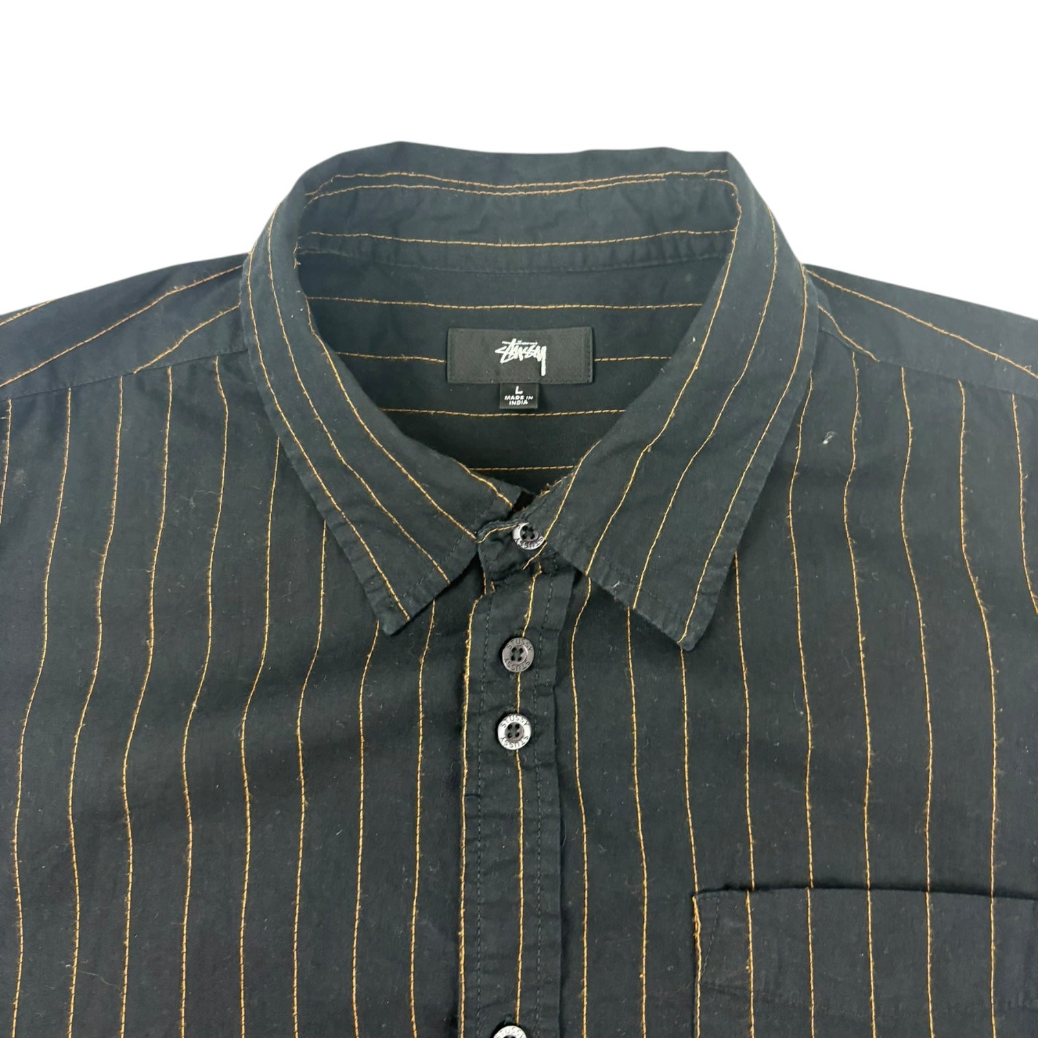 Stussy Embroidered Striped Button-Up Long Sleeve Shirt Black
