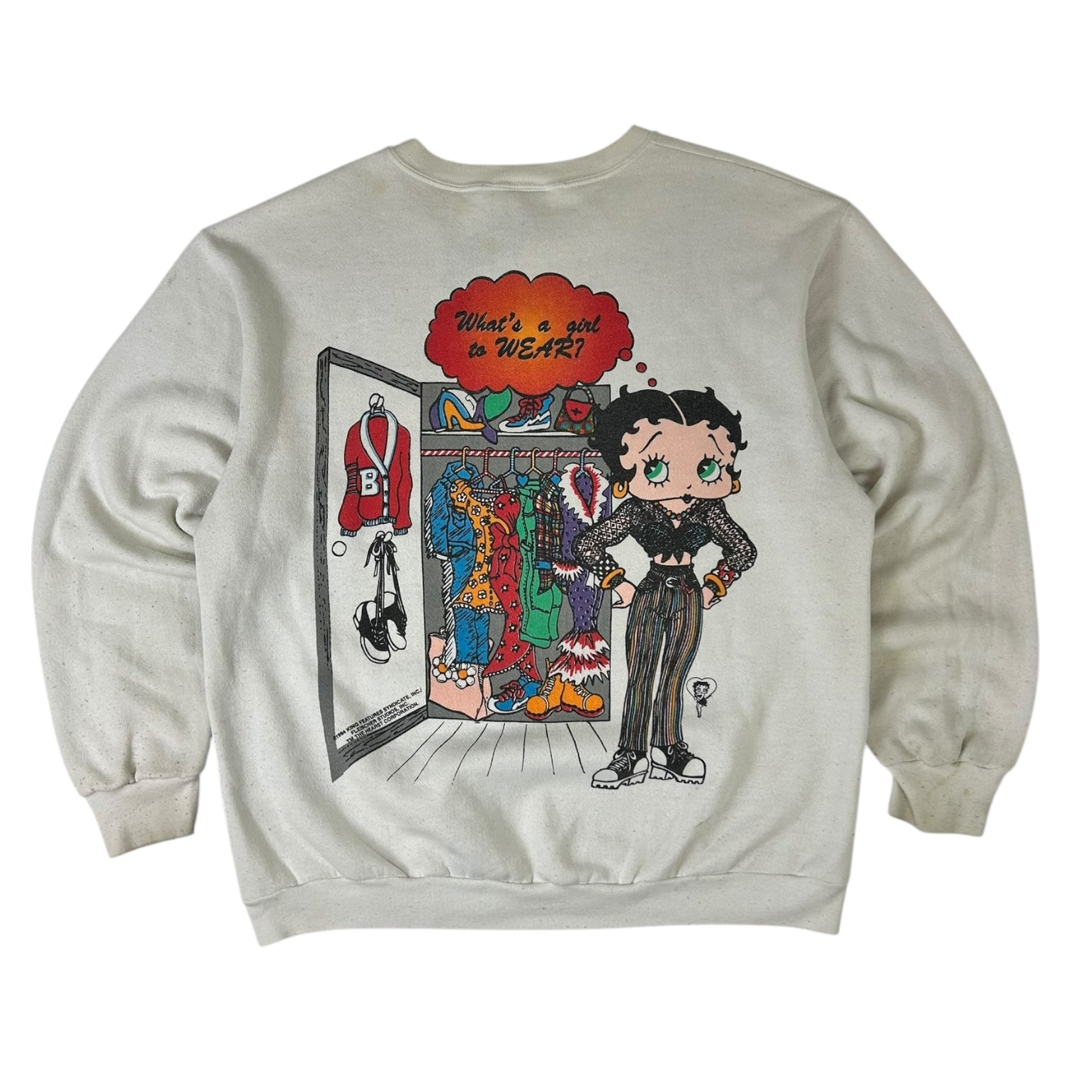 1994 Betty Boop AOP “What’s a girl wear?” Sweater White