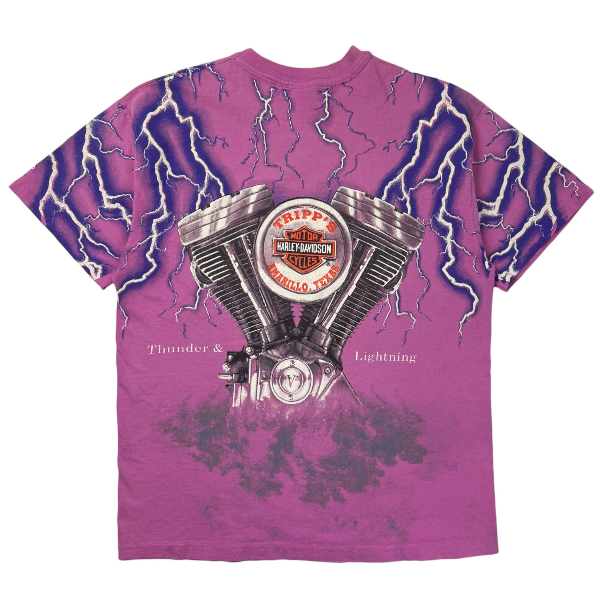 Vintage Harley Davidson ‘Thunder & Lightning’ All Over Print T-Shirt Pink