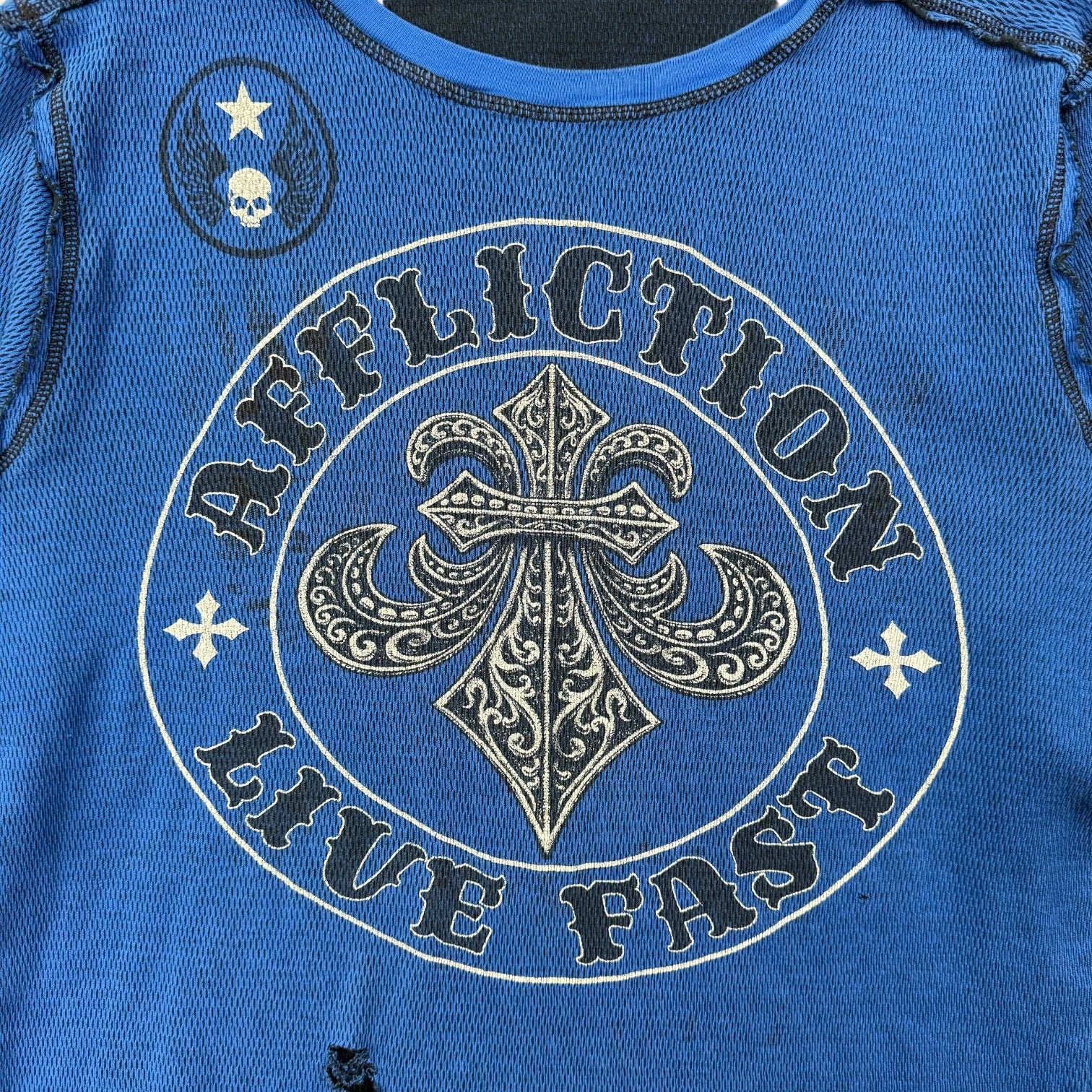 Vintage Y2K Affliction ‘Live Fast’ Thermal L/S Tee Blue