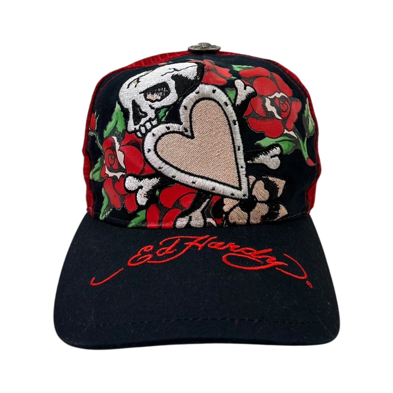 Vintage Y2K Ed Hardy Embroidered Heart Snapback Hat Red/Black
