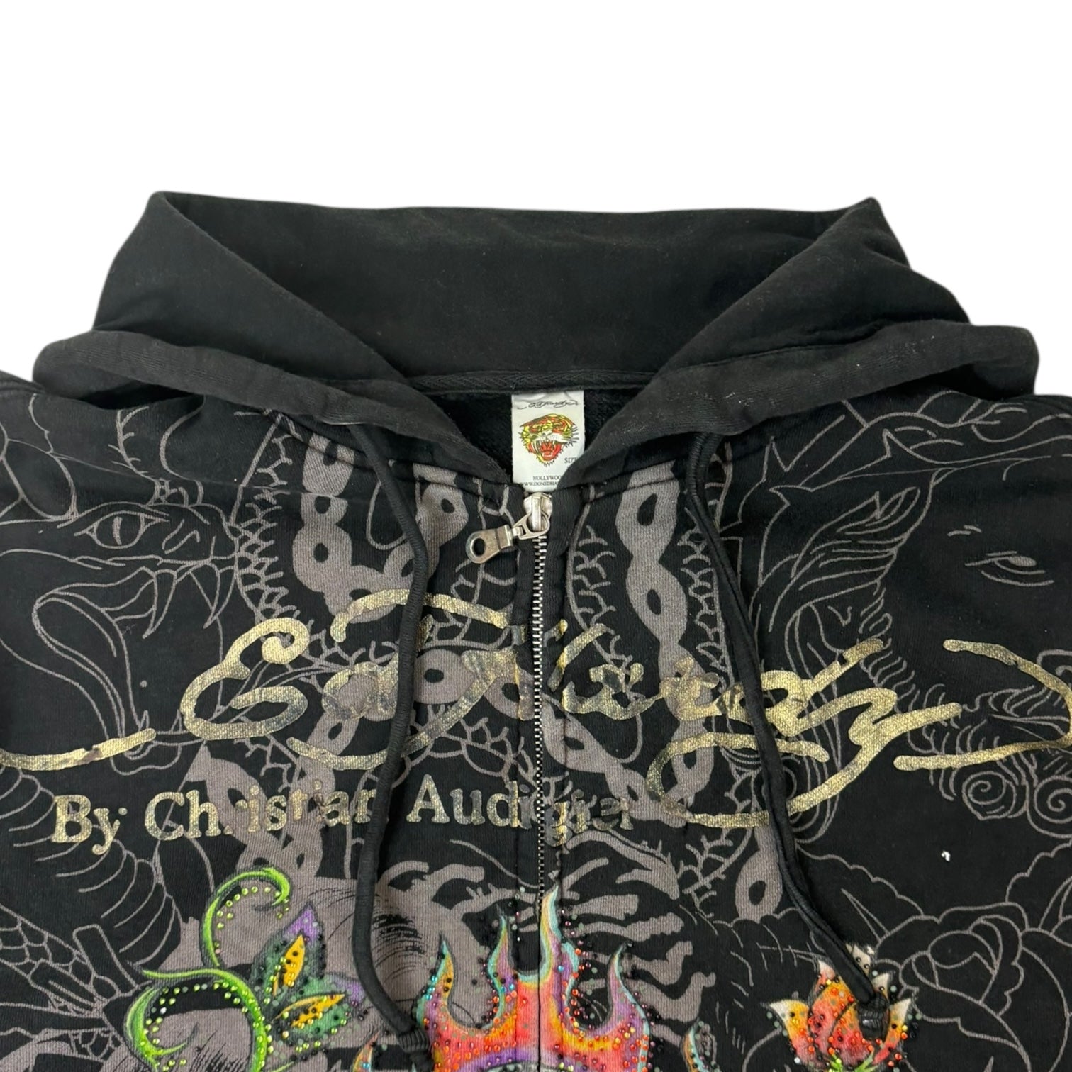 Vintage Y2K Ed Hardy Rhinestone Skull Zip-Up Black