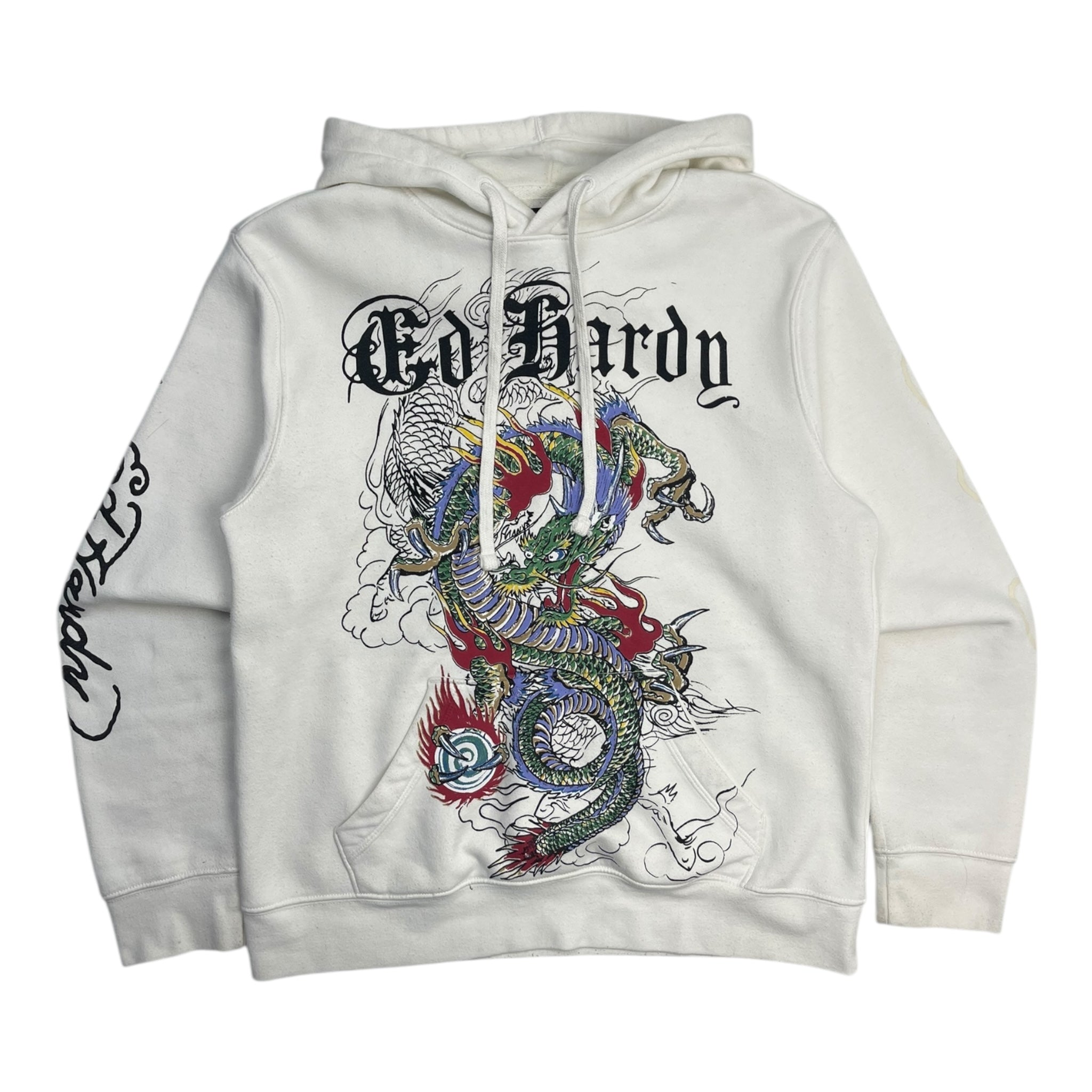 Ed Hardy Gothic Font Dragon Hoodie White