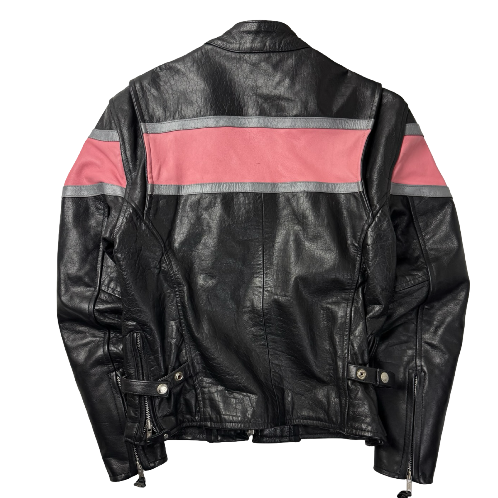 (W) Vintage Striped Pink Black Leather Biker Jacket
