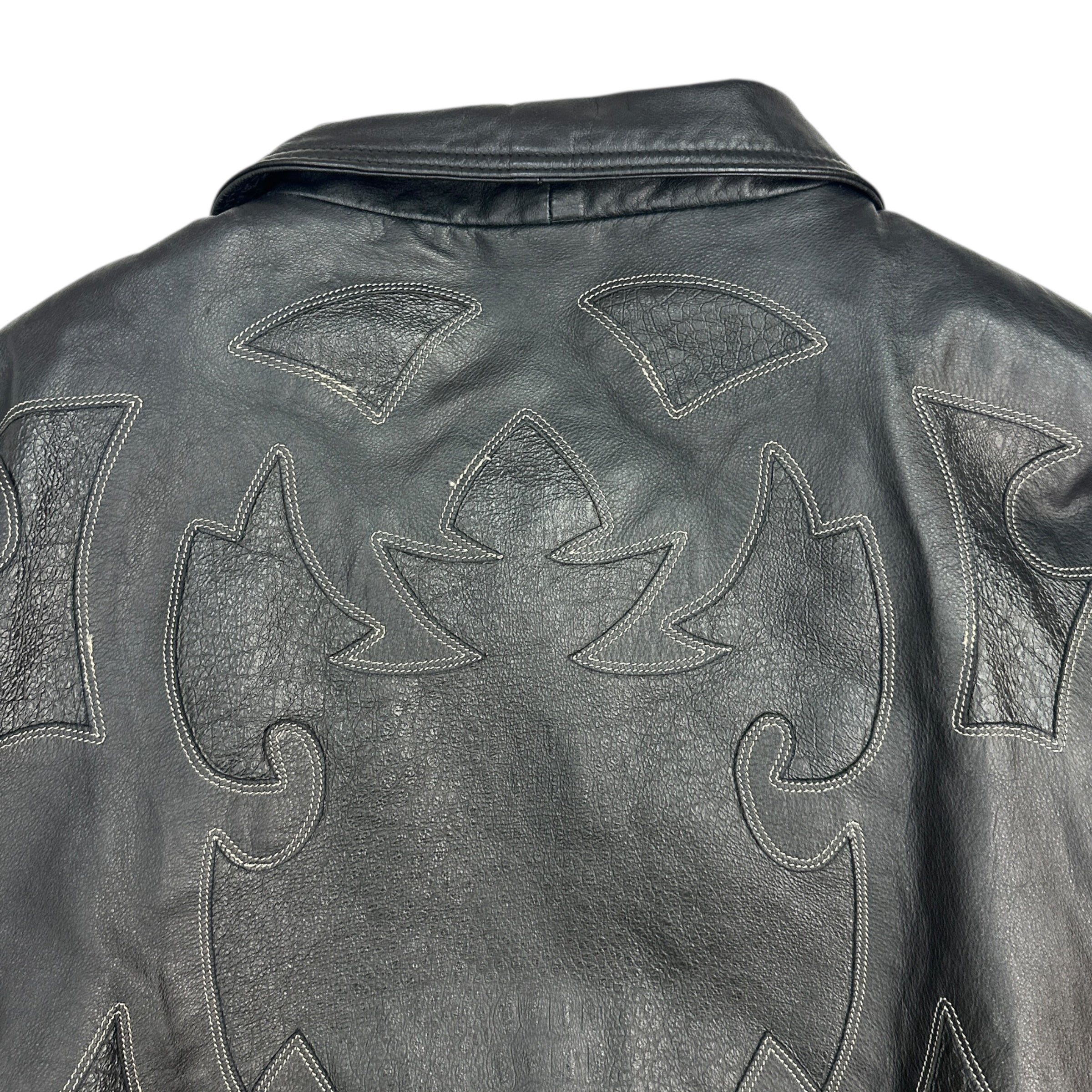 Vintage Leather Cowboy Pattern Bomber Jacket Black