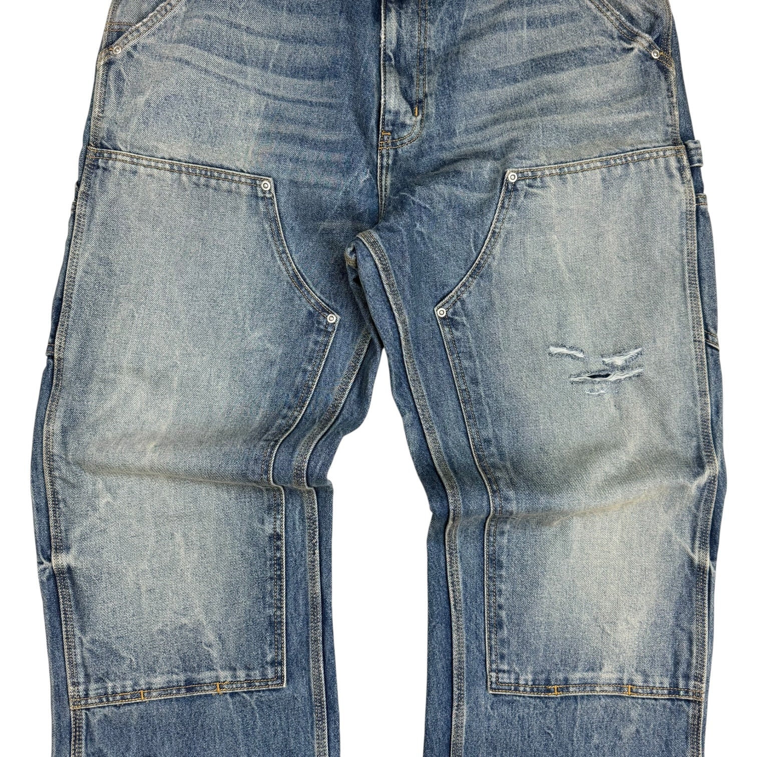 Akimbo Distressed Denim Double Knee Pants Medium Wash