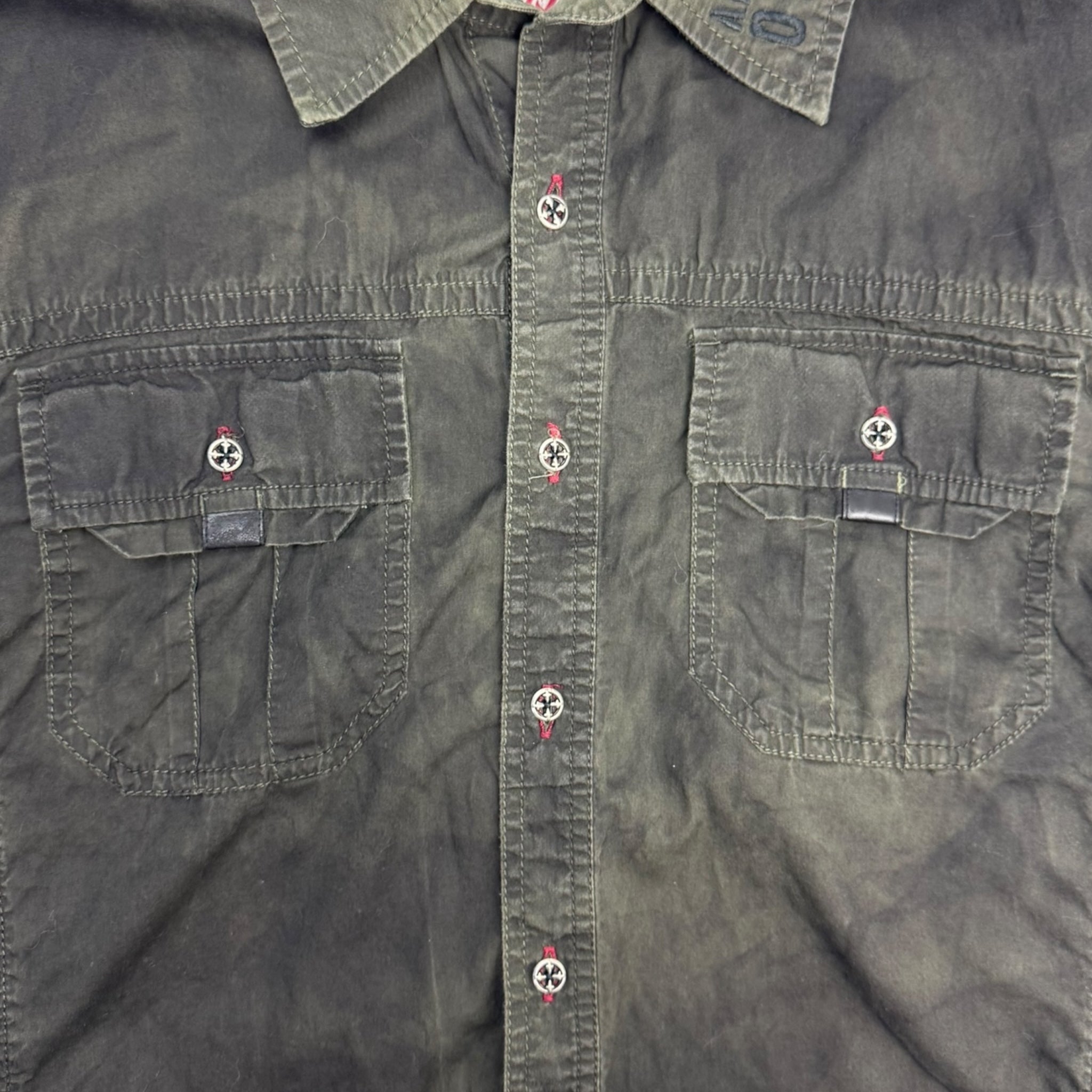 Y2K Affliction Tactical Pocket Button Up Militant Green