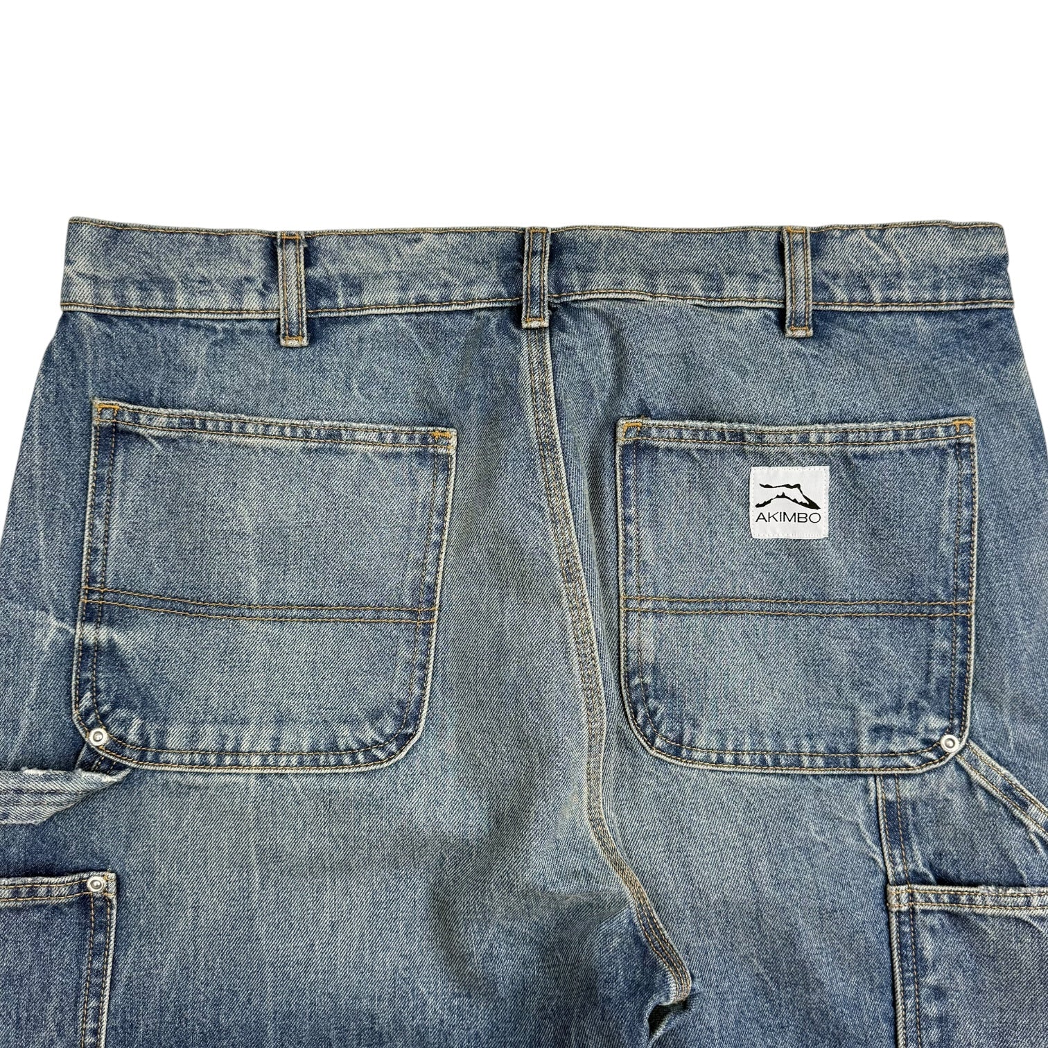 Akimbo Distressed Denim Double Knee Pants Medium Wash