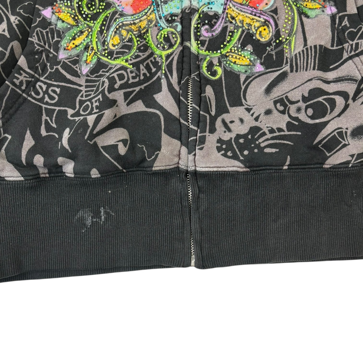 Vintage Y2K Ed Hardy Rhinestone Skull Zip-Up Black