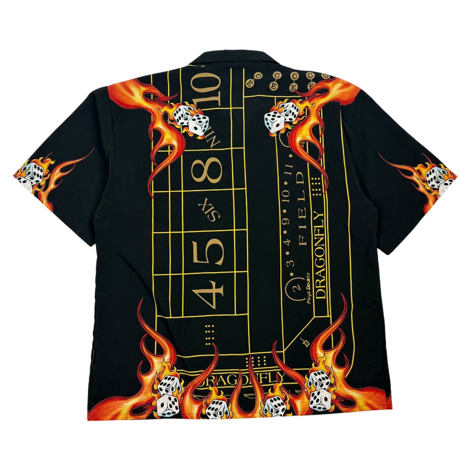 Vintage Dragonfly Roadhouse Flaming Craps Table Button Up Black