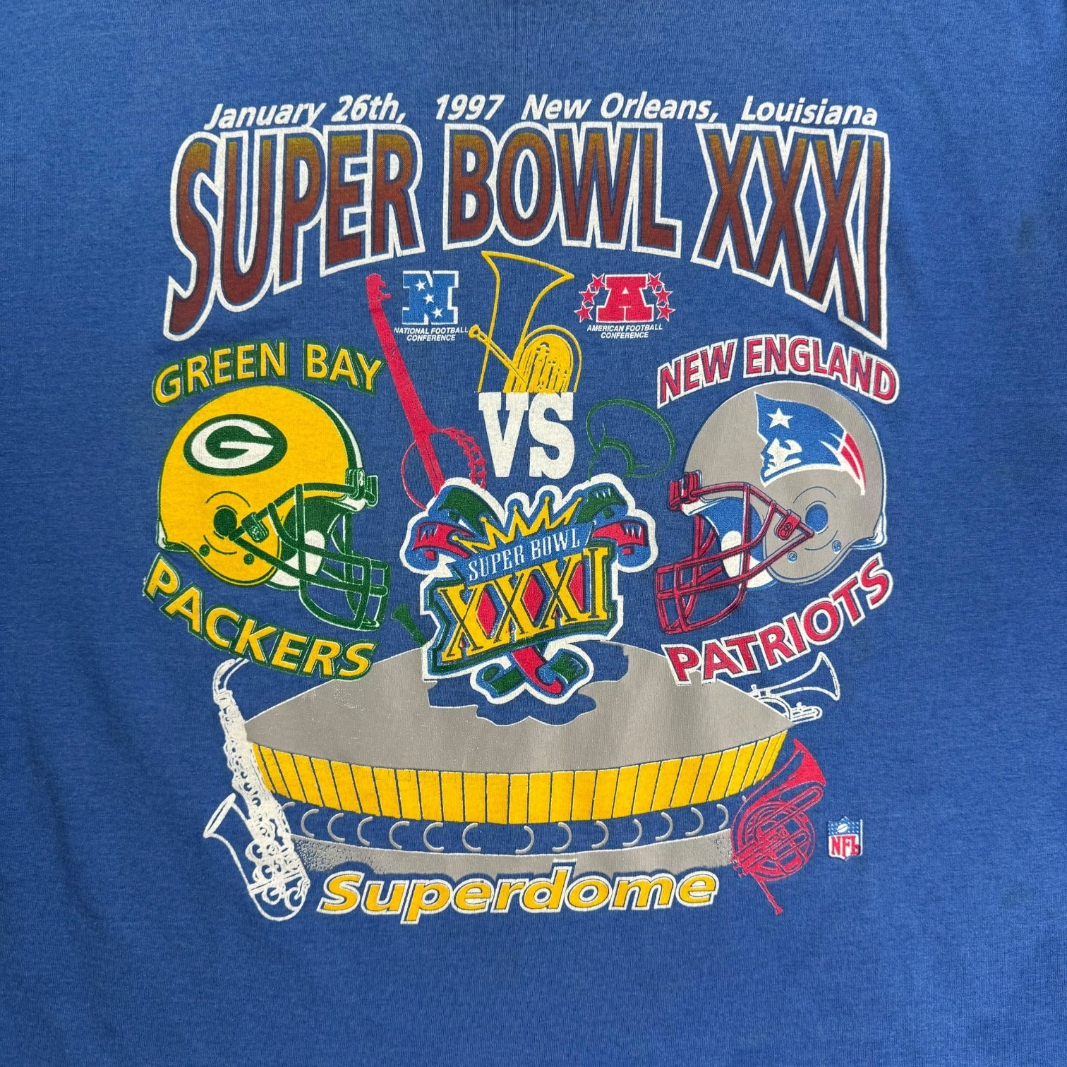1996 Super Bowl XXXI Packers Vs Patriots Tee Blue
