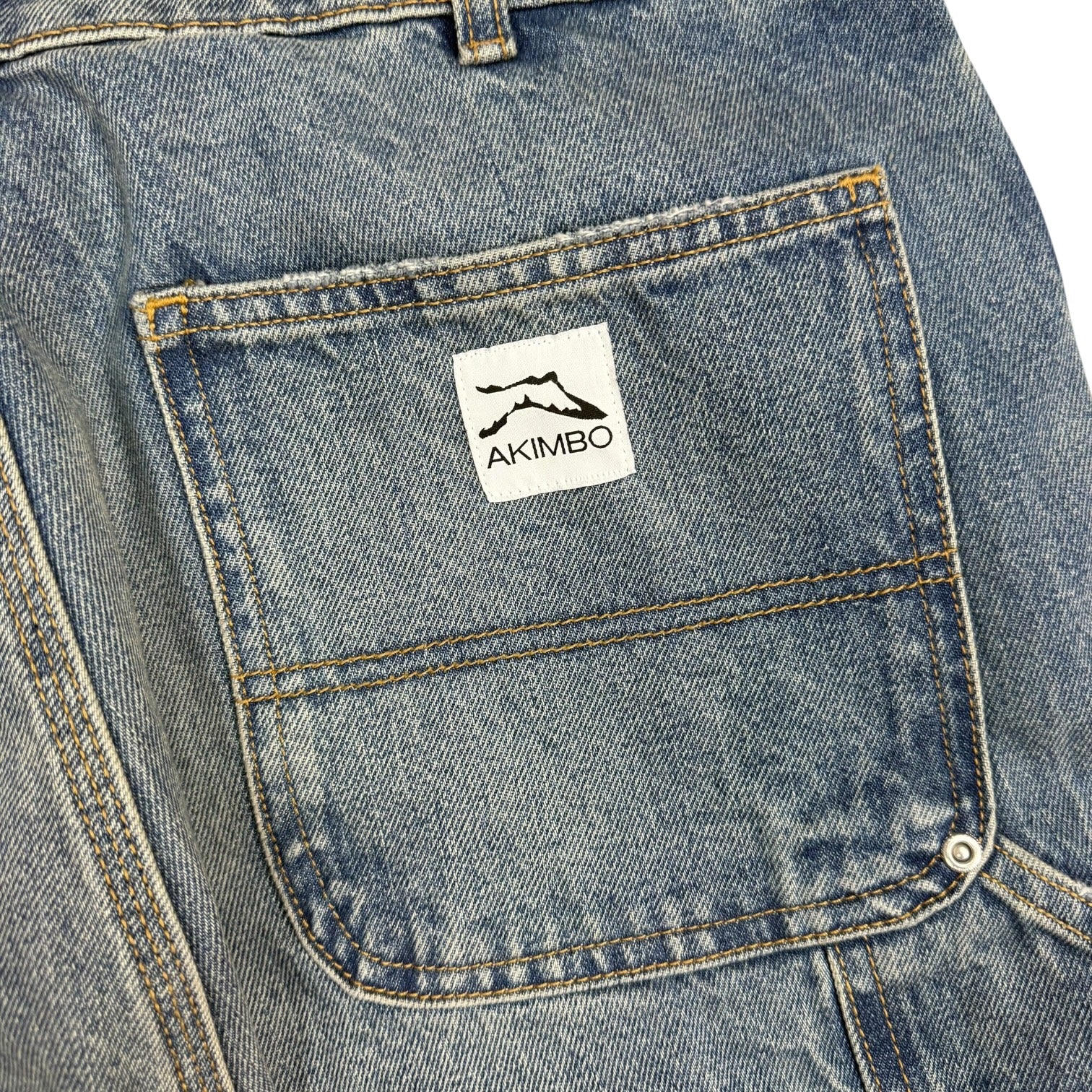 Akimbo Distressed Denim Double Knee Pants Medium Wash