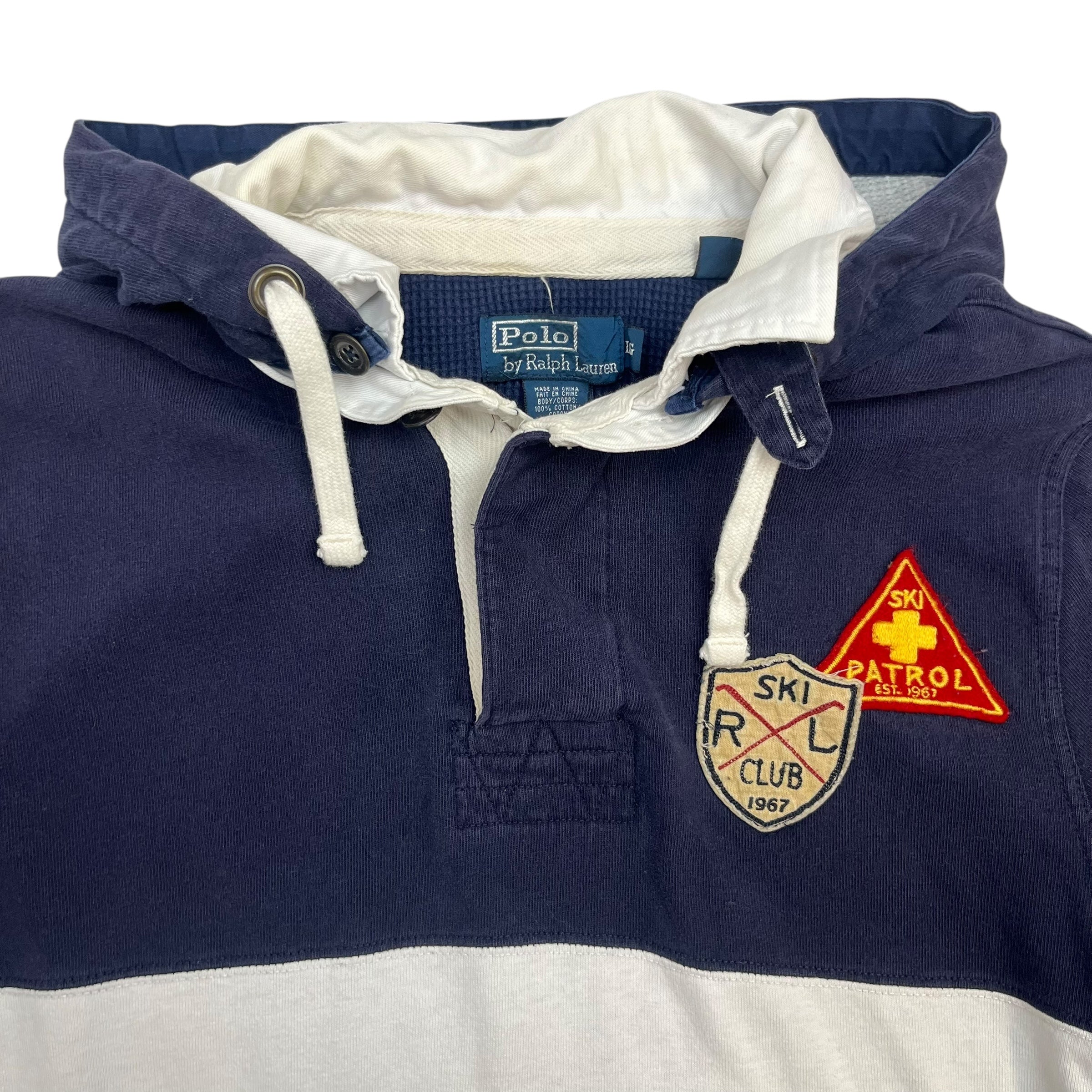 Vintage Polo Ralph Lauren Hooded Rugby Shirt Navy Blue/White