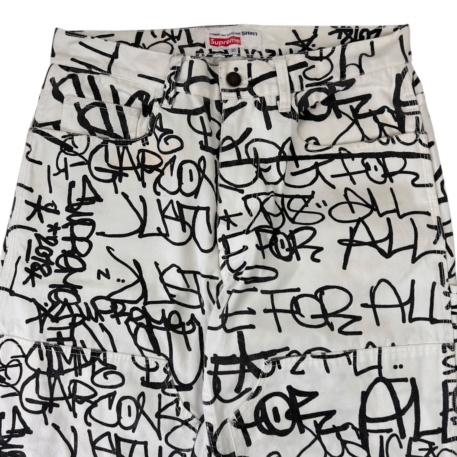 Supreme x Comme Des Garçon Shirt Justice For All Graffiti Pants White