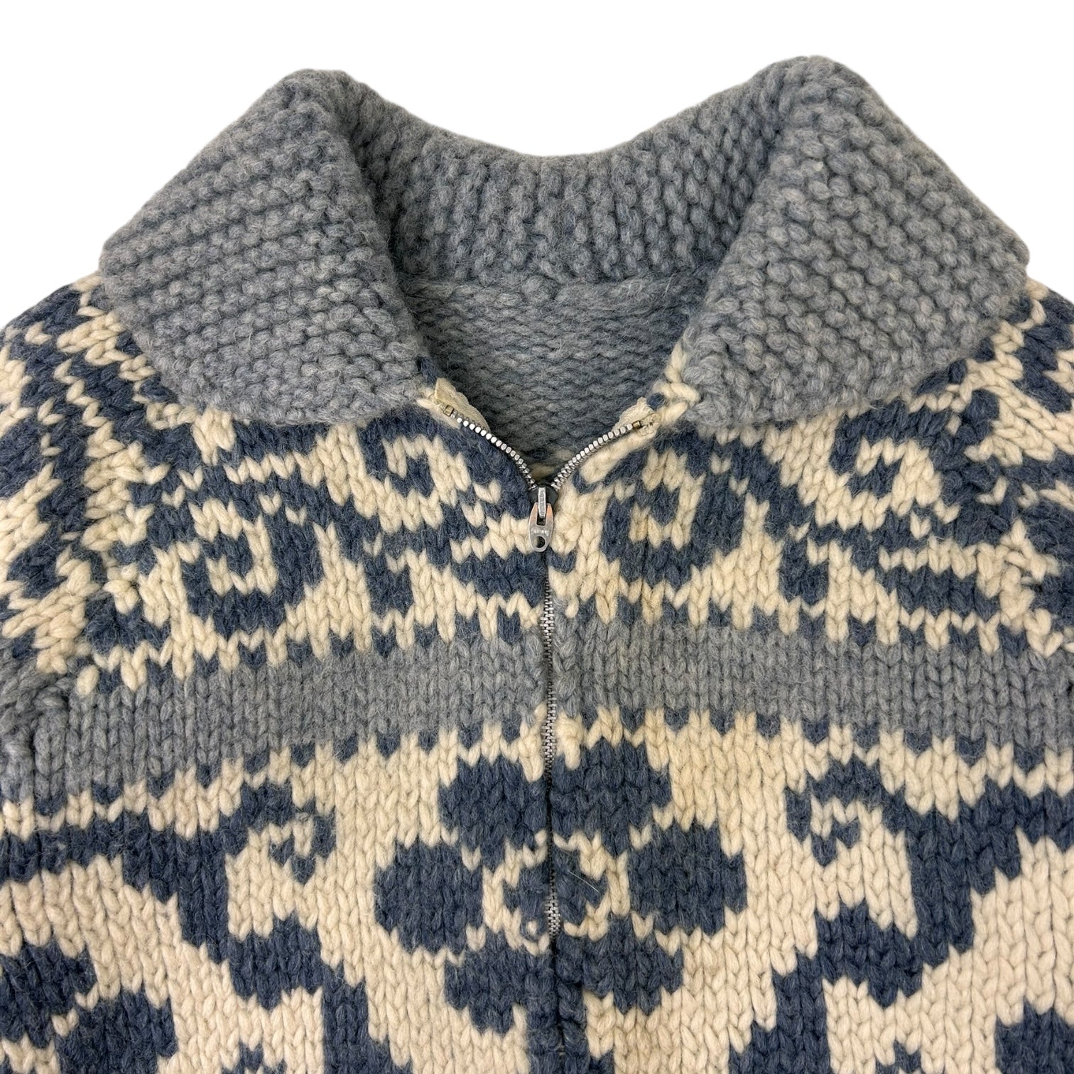 Vintage Wool Cowichan Floral Knit Zip-Up Sweater Blue/Cream