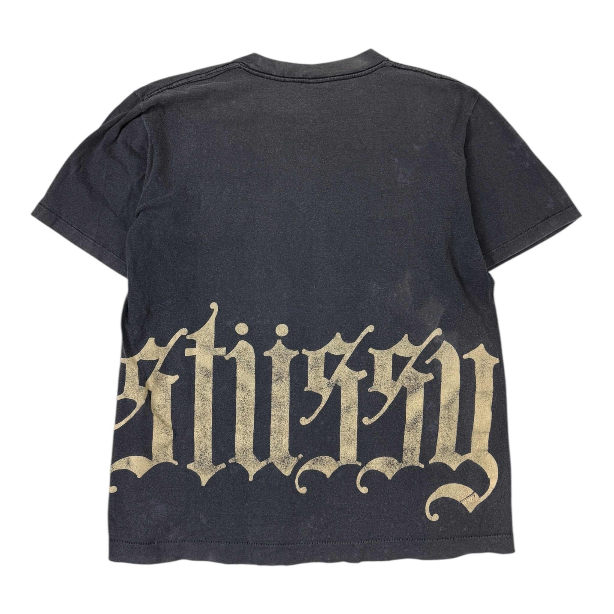 90s Stussy Gothic Logo Faded Black T-Shirt
