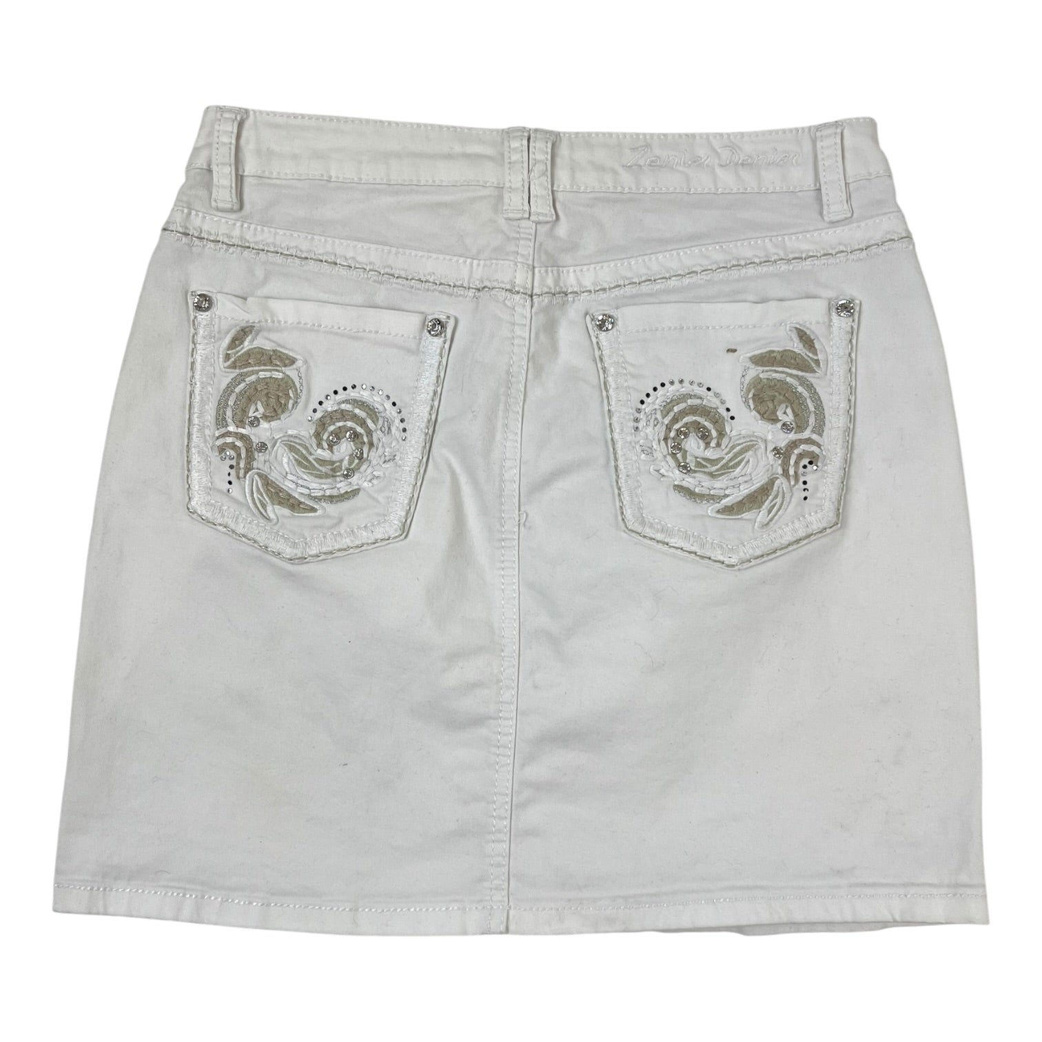 (W) Vintage Y2K Studded Embroidered Detailing Mid Low Denim Skirt White