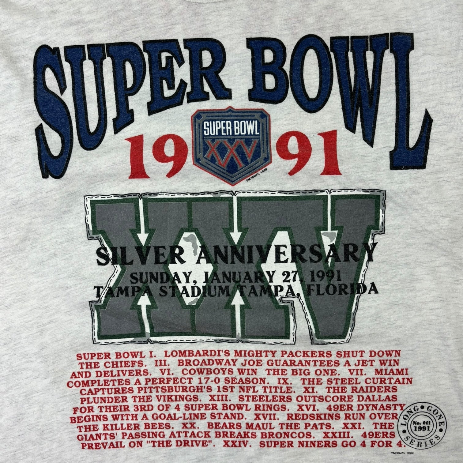 Vintage 1991 Super Bowl XXV Silver Anniversary 3/4 Sleeve T-Shirt Grey