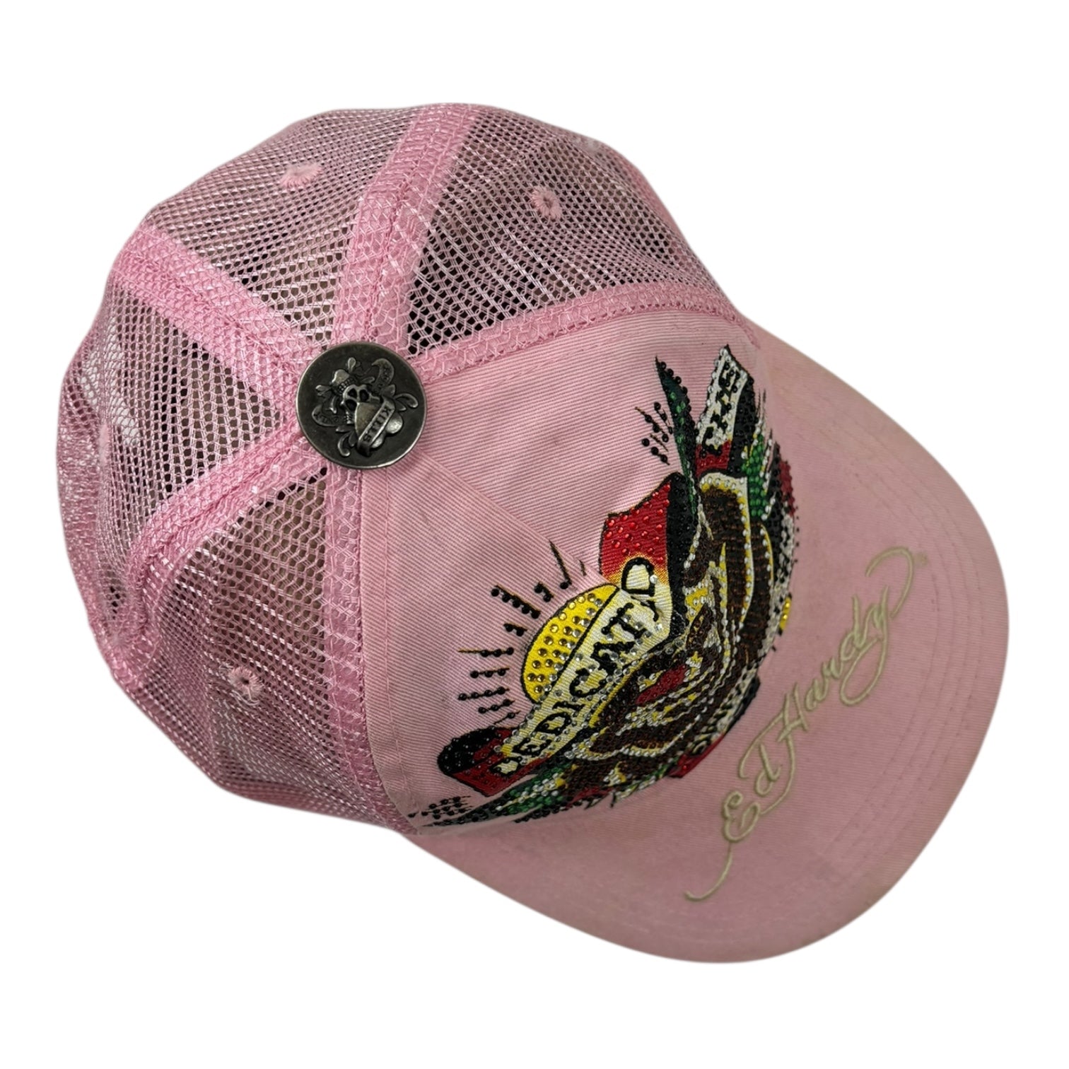 Vintage Y2K Ed Hardy Rhinestone Rose SnapBack Hat Pink