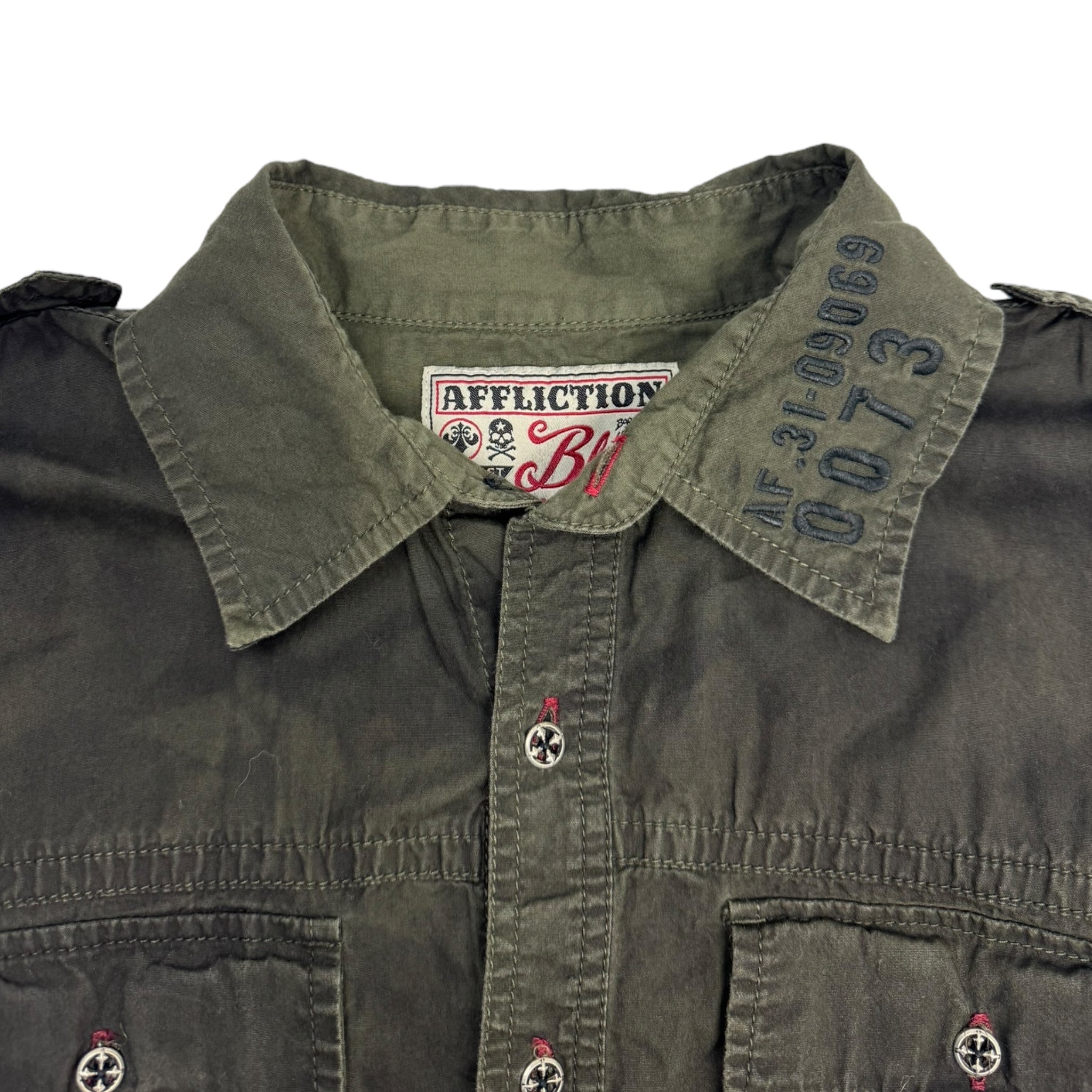Y2K Affliction Tactical Pocket Button Up Militant Green