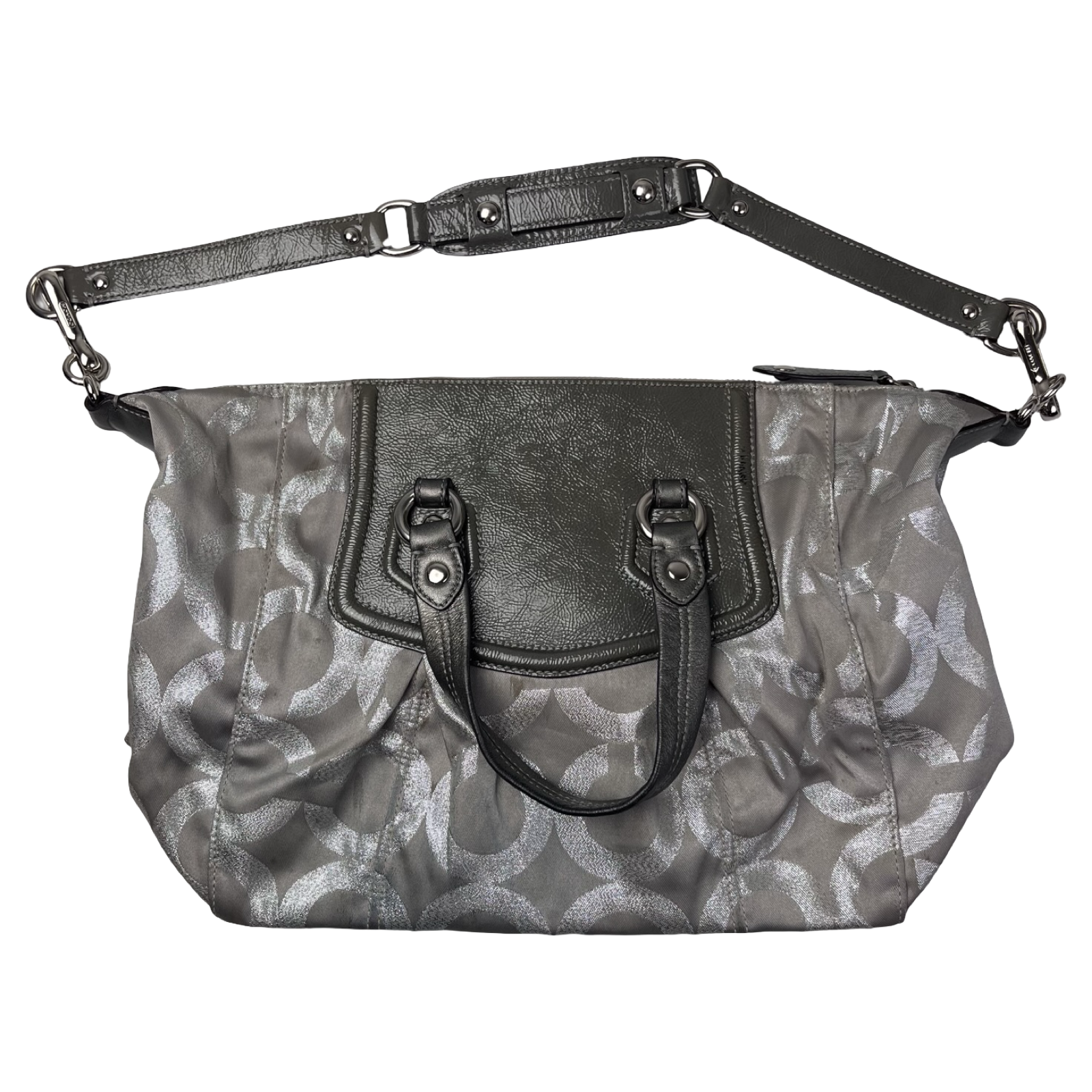 (W) Coach Madison Gray Op Art Signature C Patent Trim Purse