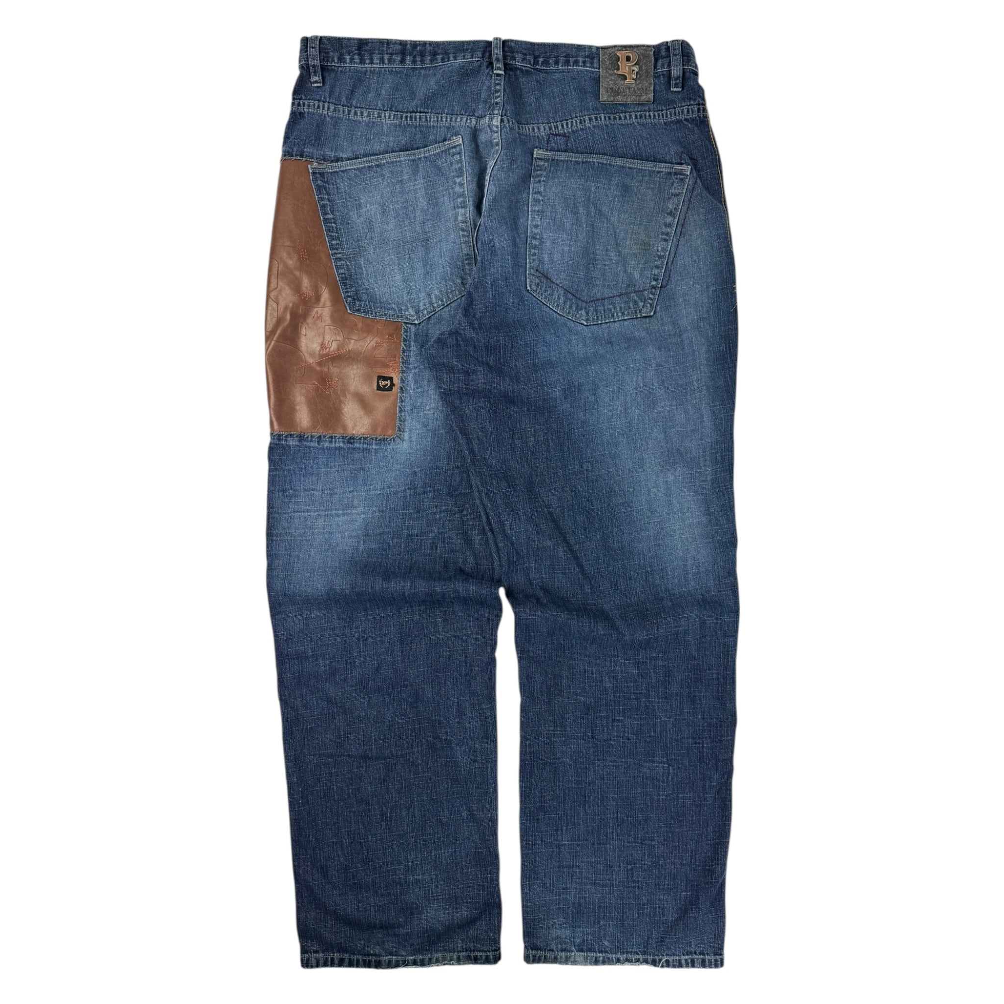 Y2K Phat Farm Leather Patch Dark Wash Denim Pants