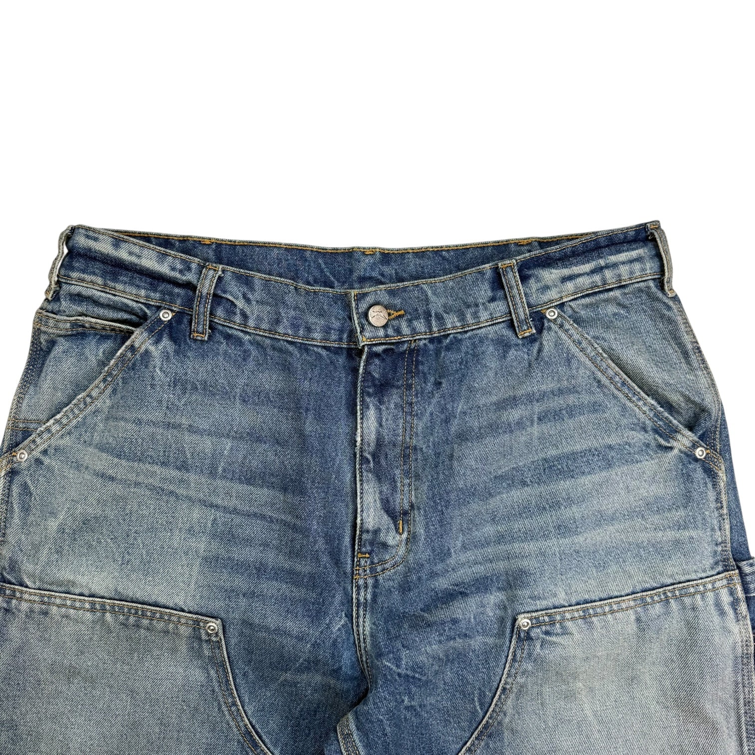 Akimbo Distressed Denim Double Knee Pants Medium Wash