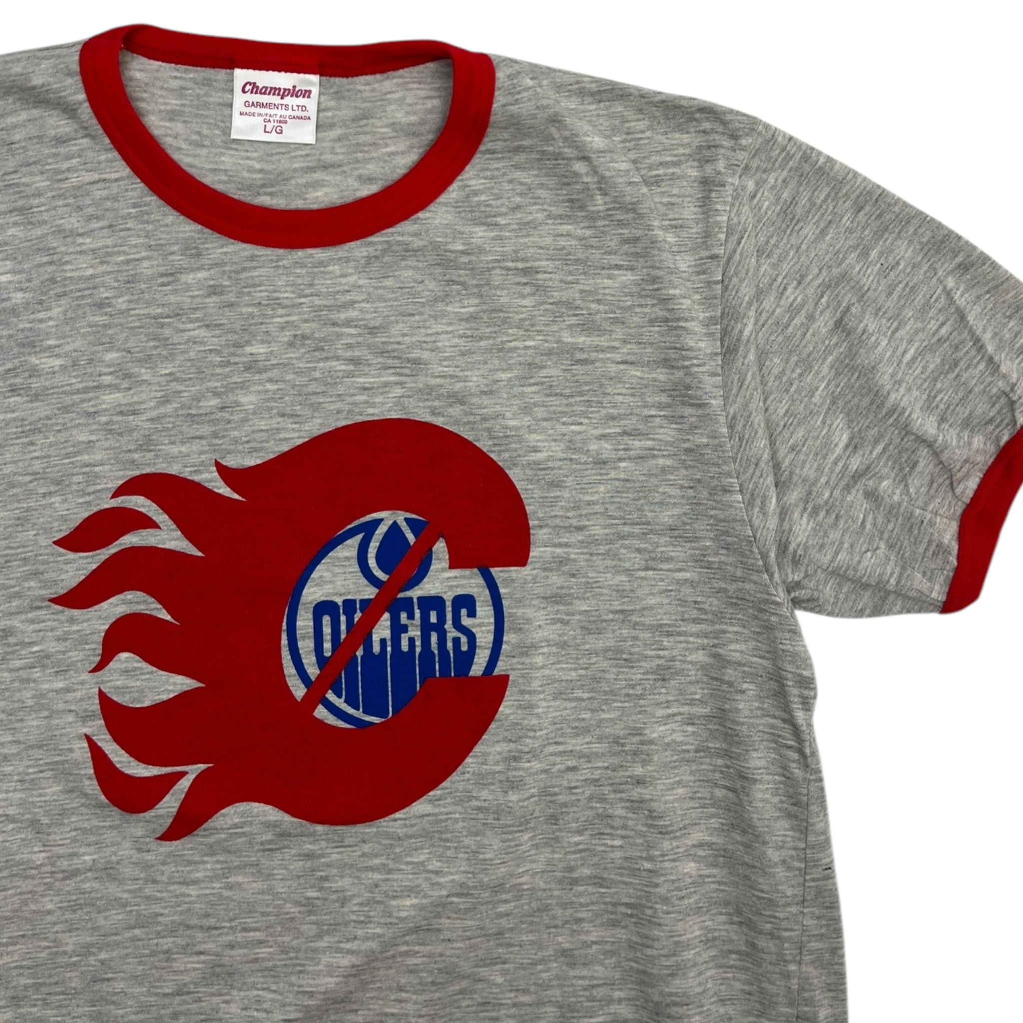 Vintage Calgary Flames Over Oilers Ringer T-Shirt Grey