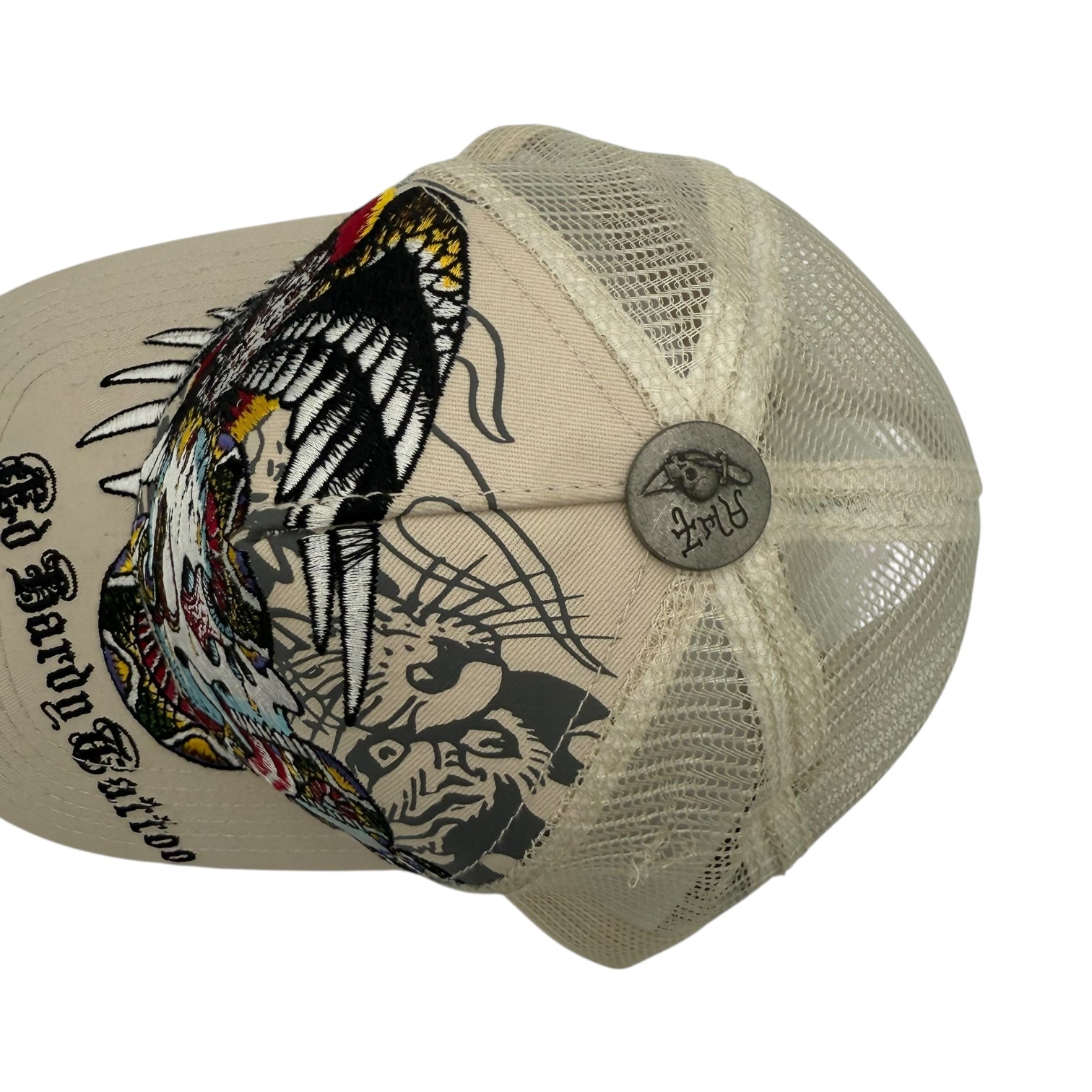 Vintage Y2K Ed Hardy Tattoo Embroidered Skull Trucker Hat Khaki