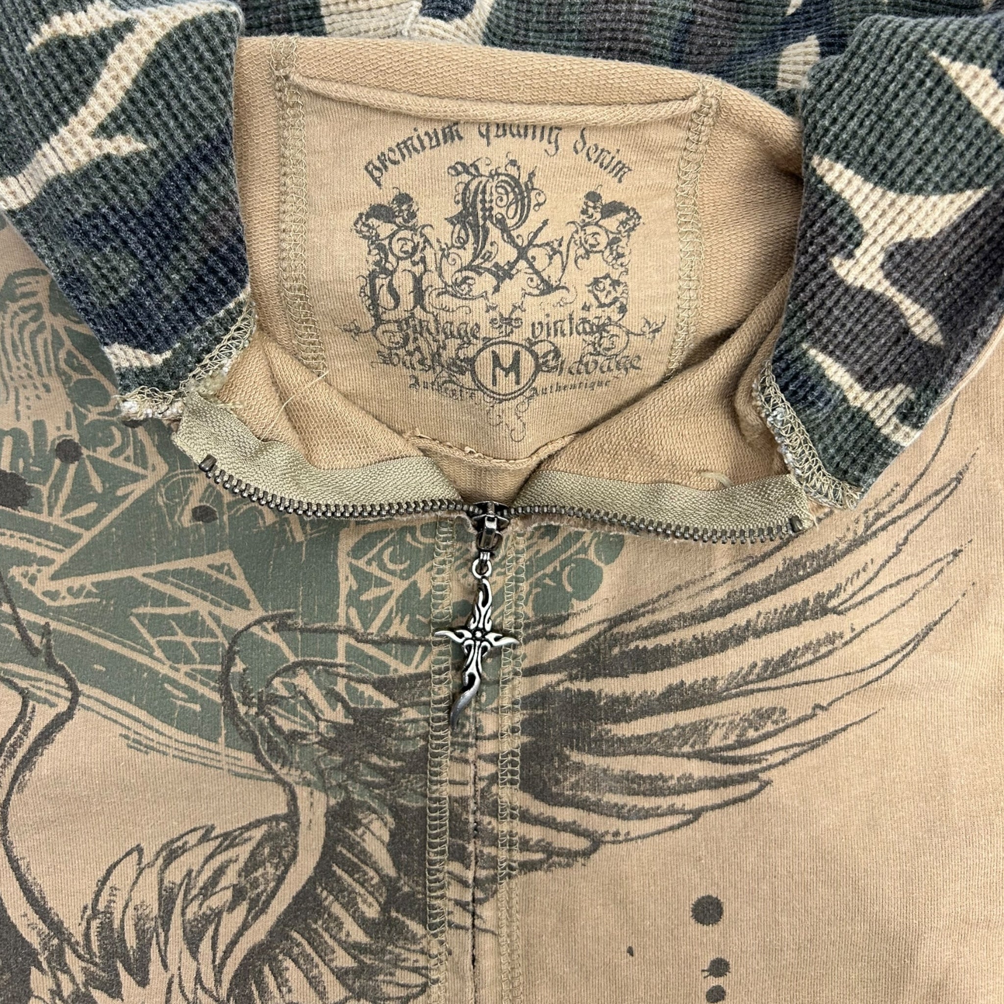 Vintage Y2K Cyber Emo Waffle Knit Camo Hood Zip Up
