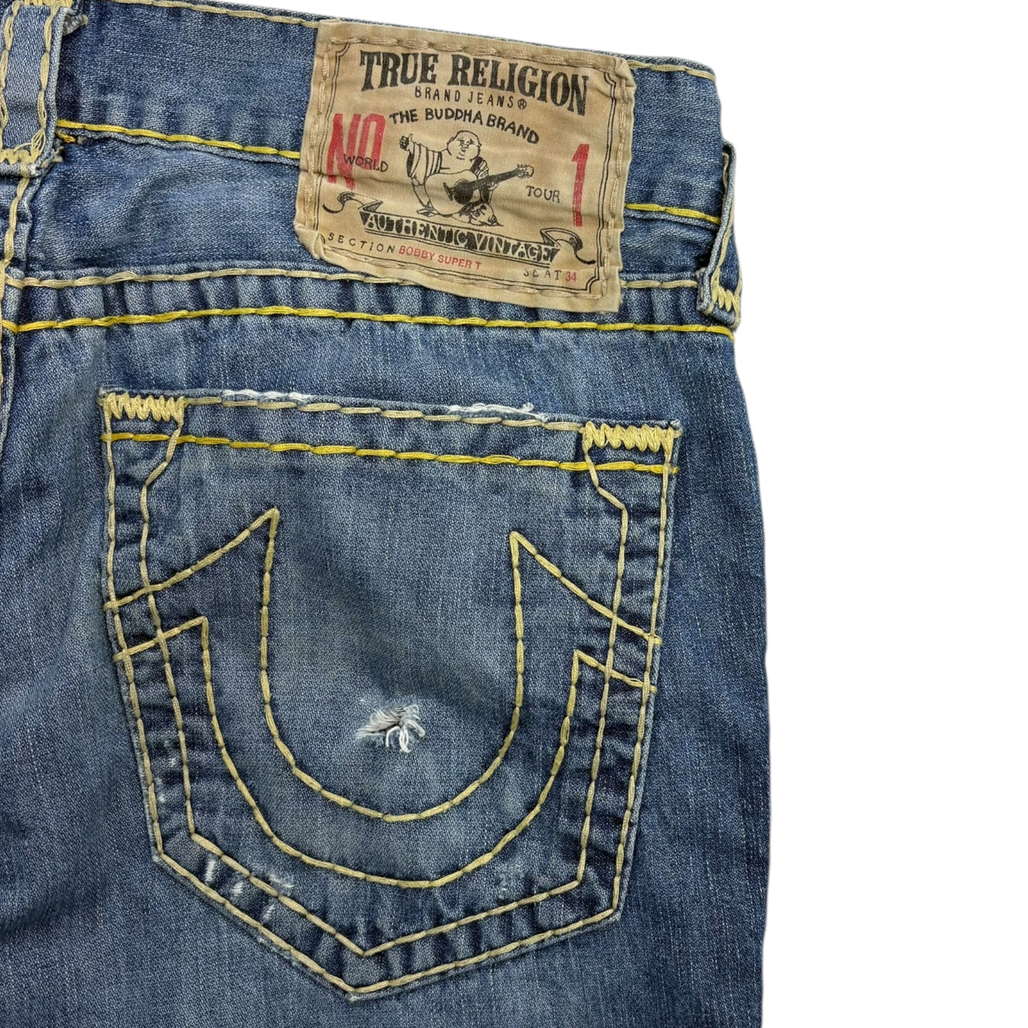 Vintage True Religion Bobby Super T Yellow Stitch Medium Wash Denim
