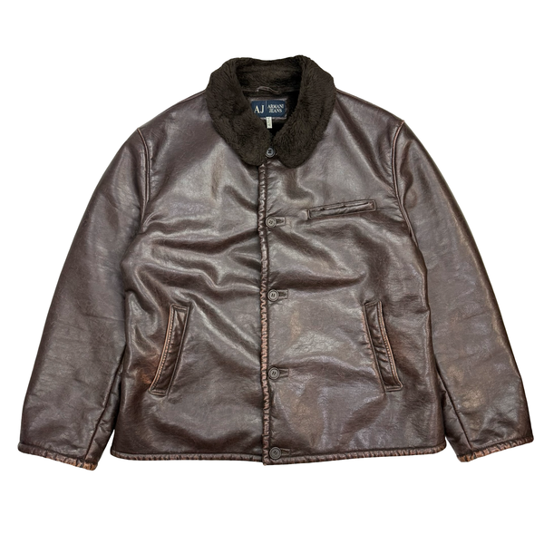 Vintage Armani Jeans Faux Leather Jacket Brown