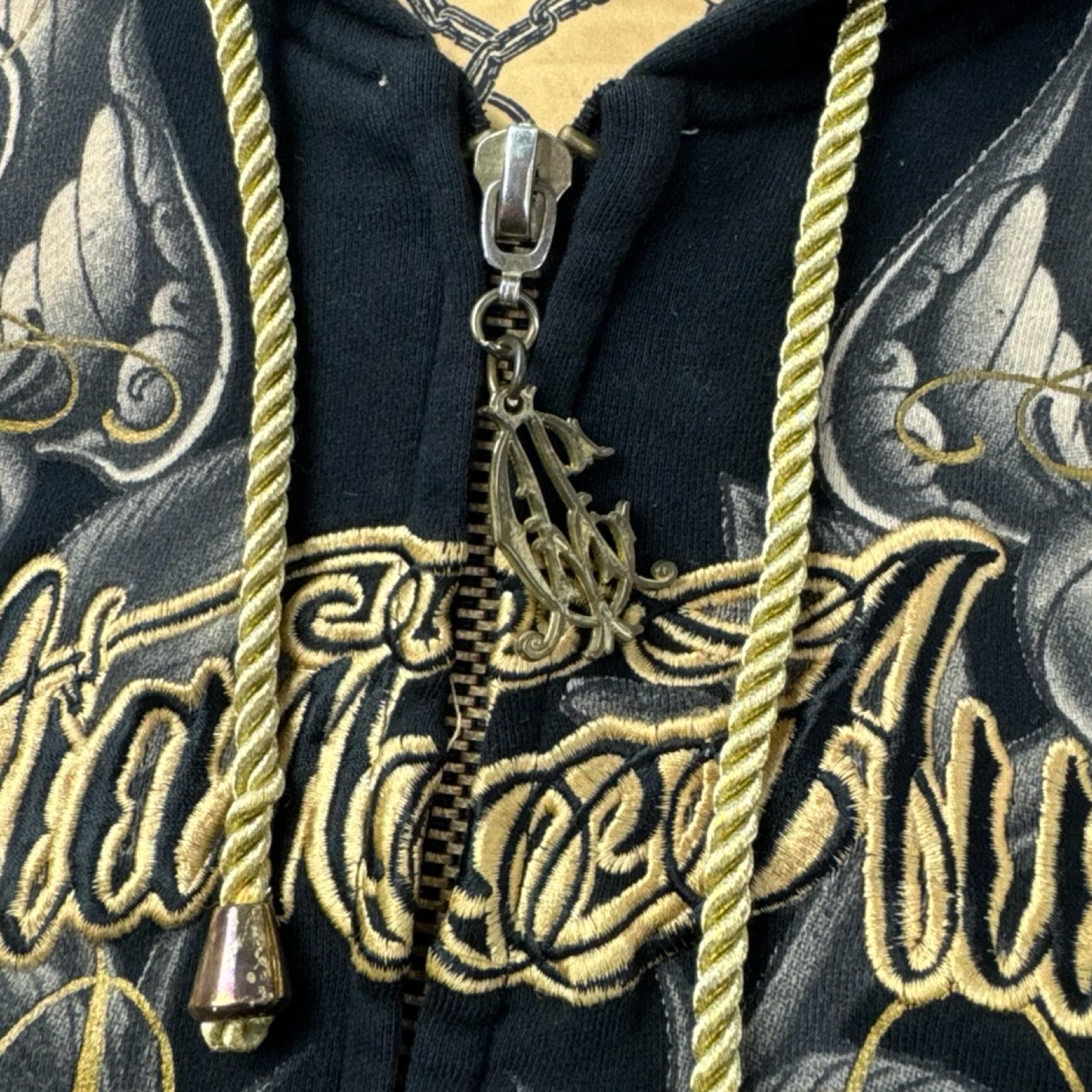 Vintage Y2K Christian Audigier Zip Up Mall Goth Hoodie Black/Gold