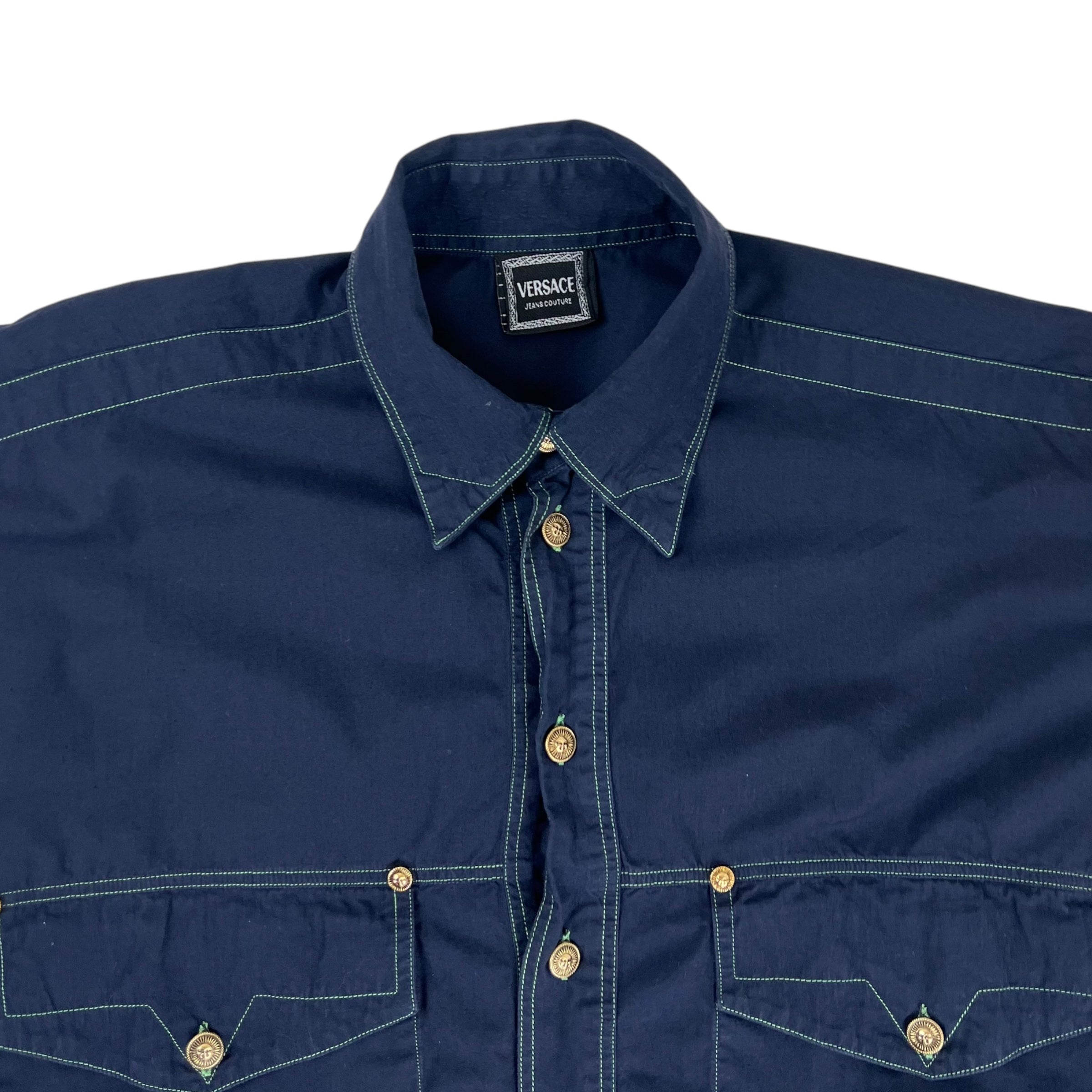 Vintage Versace Contrast Stitch Button Up Navy