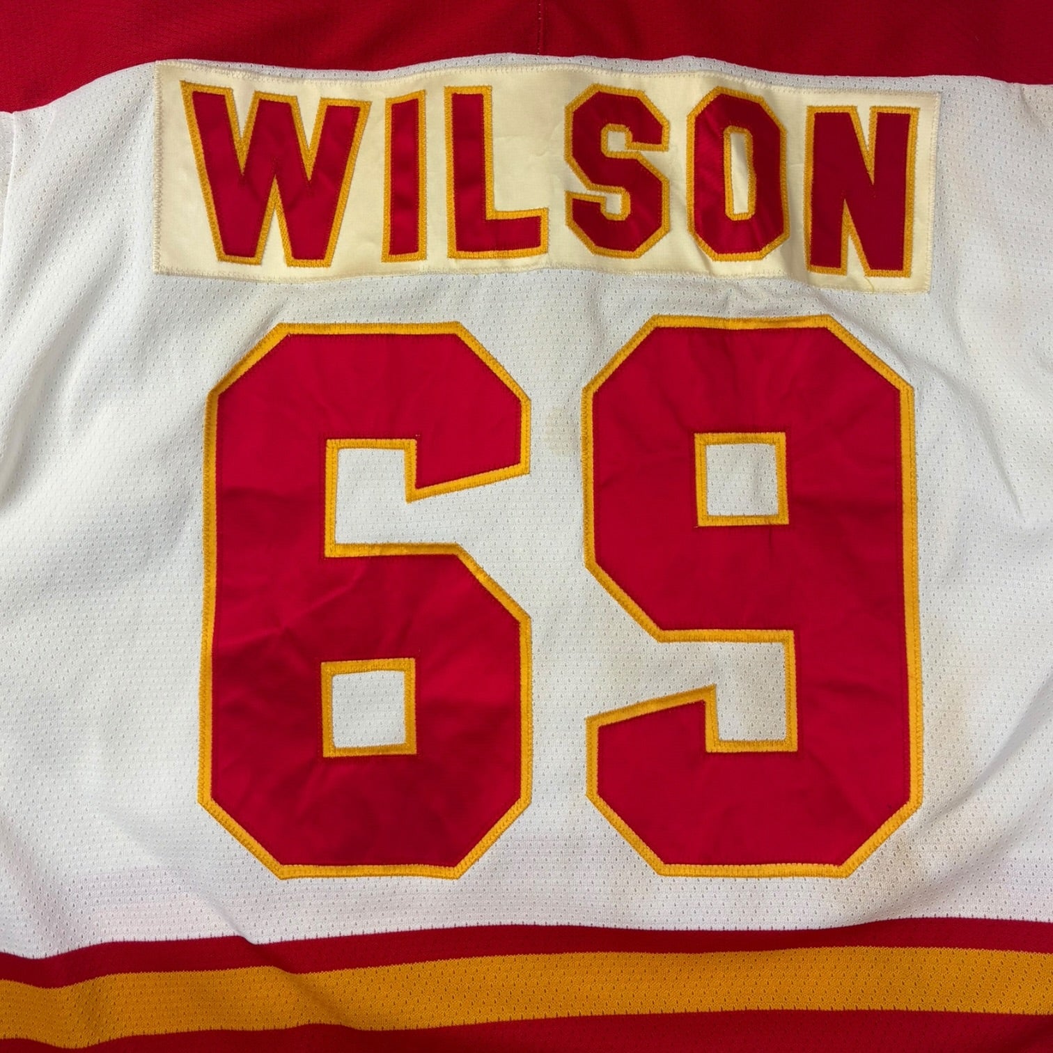 1990 Custom Calgary Flames Maska NHL Home Jersey White