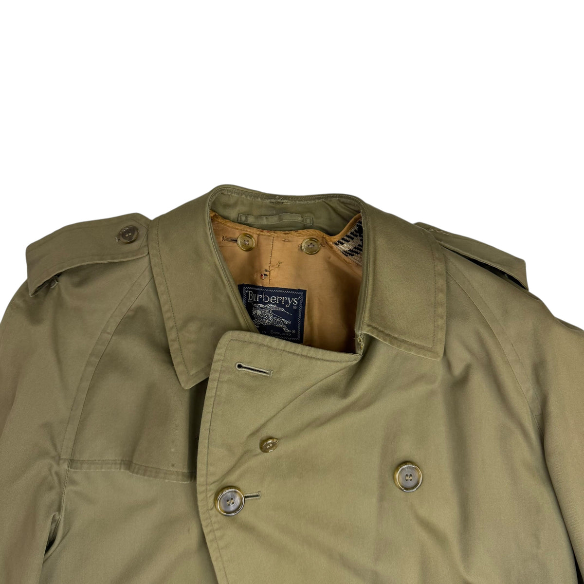 Vintage Burberrys Wool Lined Nova Check Pattern Trench Coat Olive Green