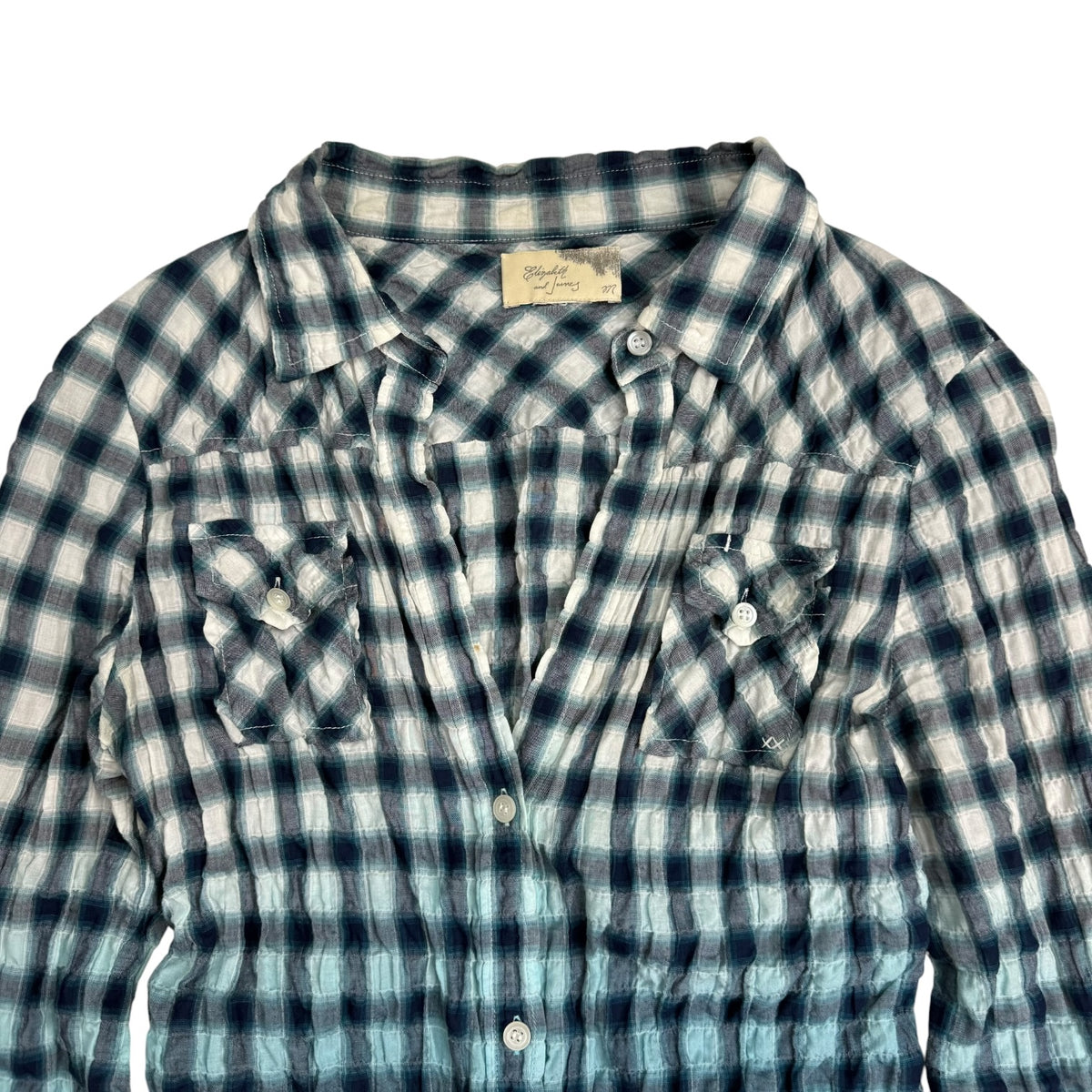 (W) Elizabeth And James Gathered Back Button Up Shirt Green Plaid
