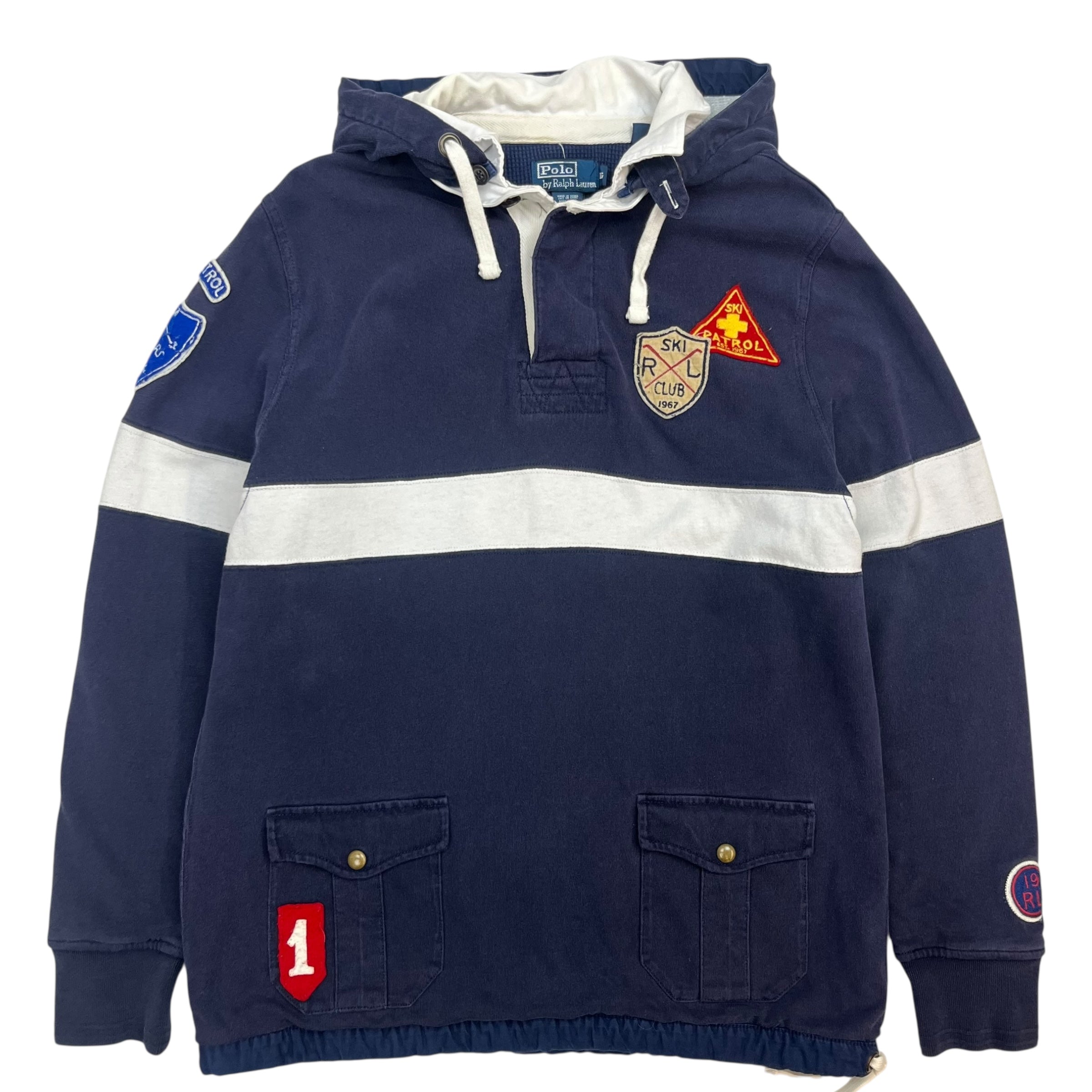 Vintage Polo Ralph Lauren Hooded Rugby Shirt Navy Blue/White