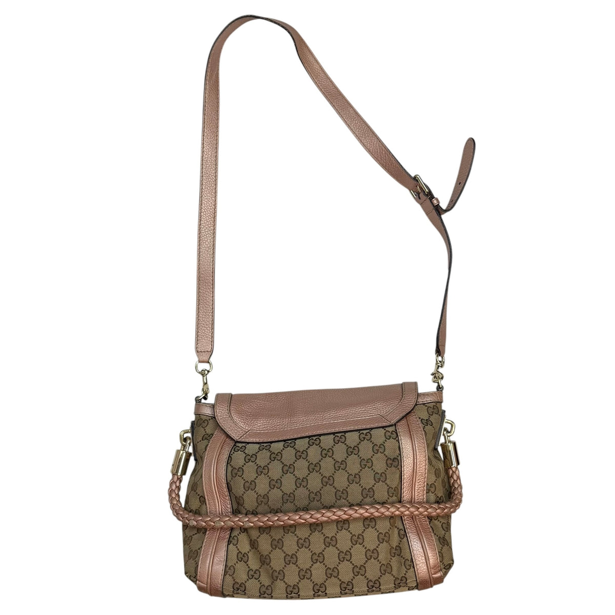 (W) Gucci GG Canvas Bella Flap Satchel Bag Beige/Pink