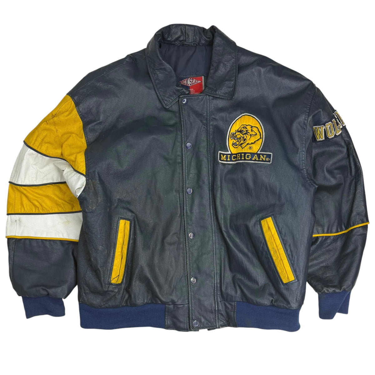Vintage Michigan Wolverines Leather Split Colorblock Jacket Navy/Yellow
