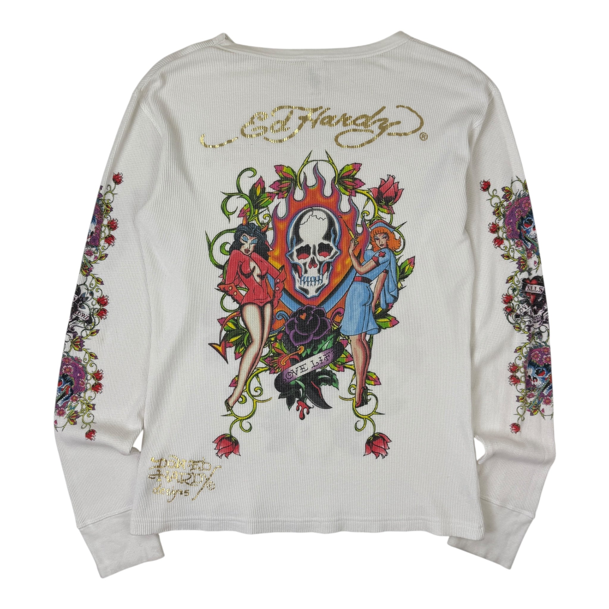Vintage Y2K Ed Hardy Floral Skull Thermal Longsleeve White