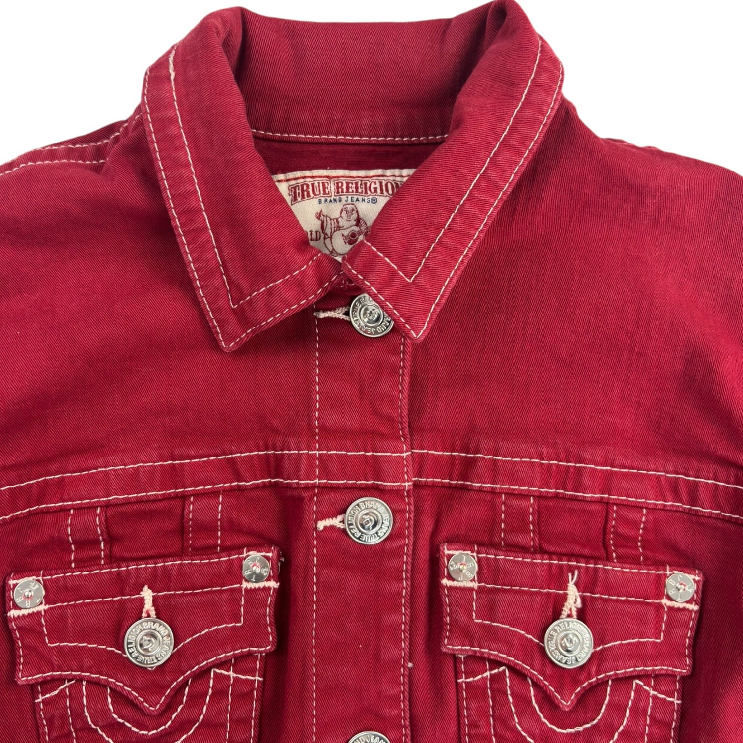 (W) True Religion Contrast Stitch Denim Jacket Red