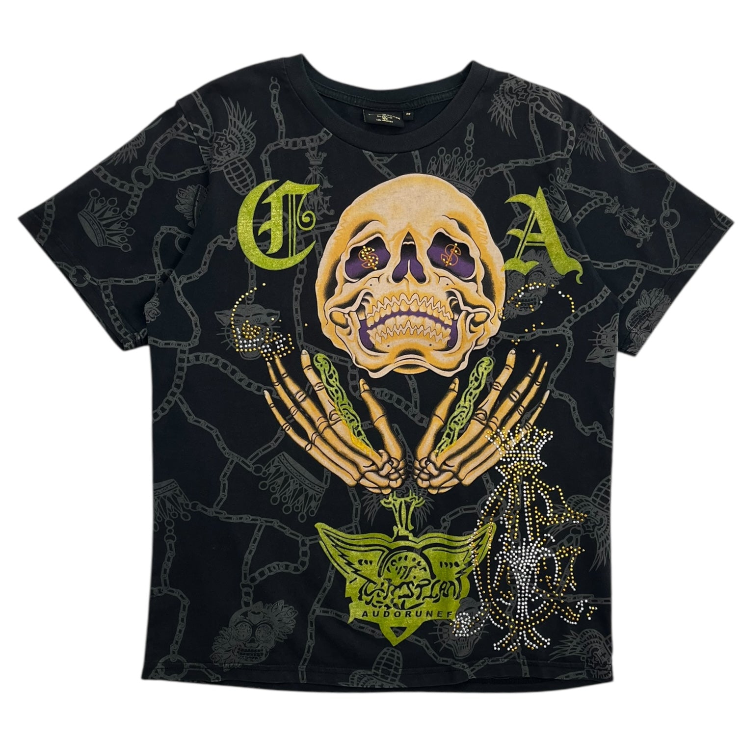 Vintage Y2K Christian Audigier Rhinestone Skull Chains Tee