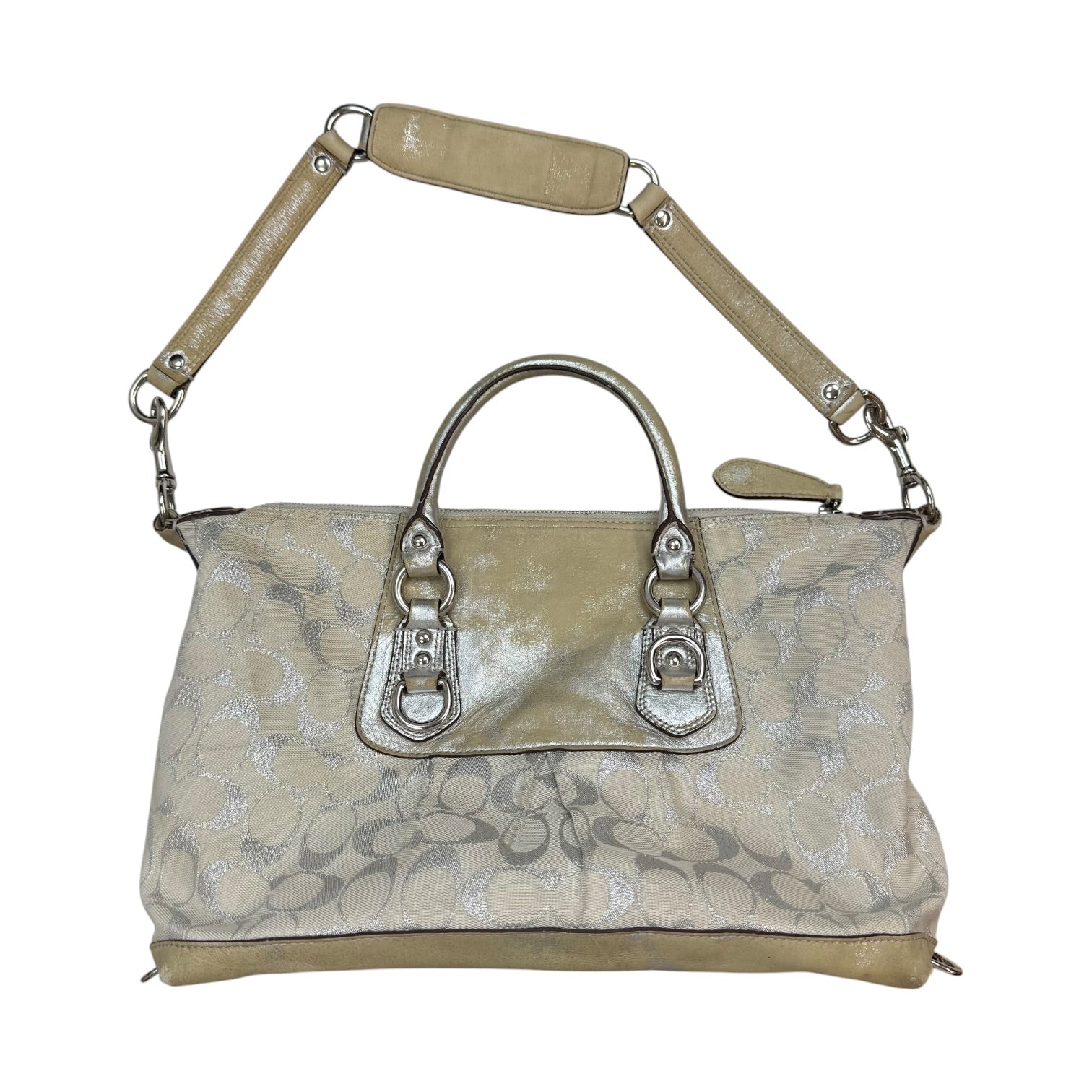 (W) Coach Ashley Signature Satchel Silver/Beige